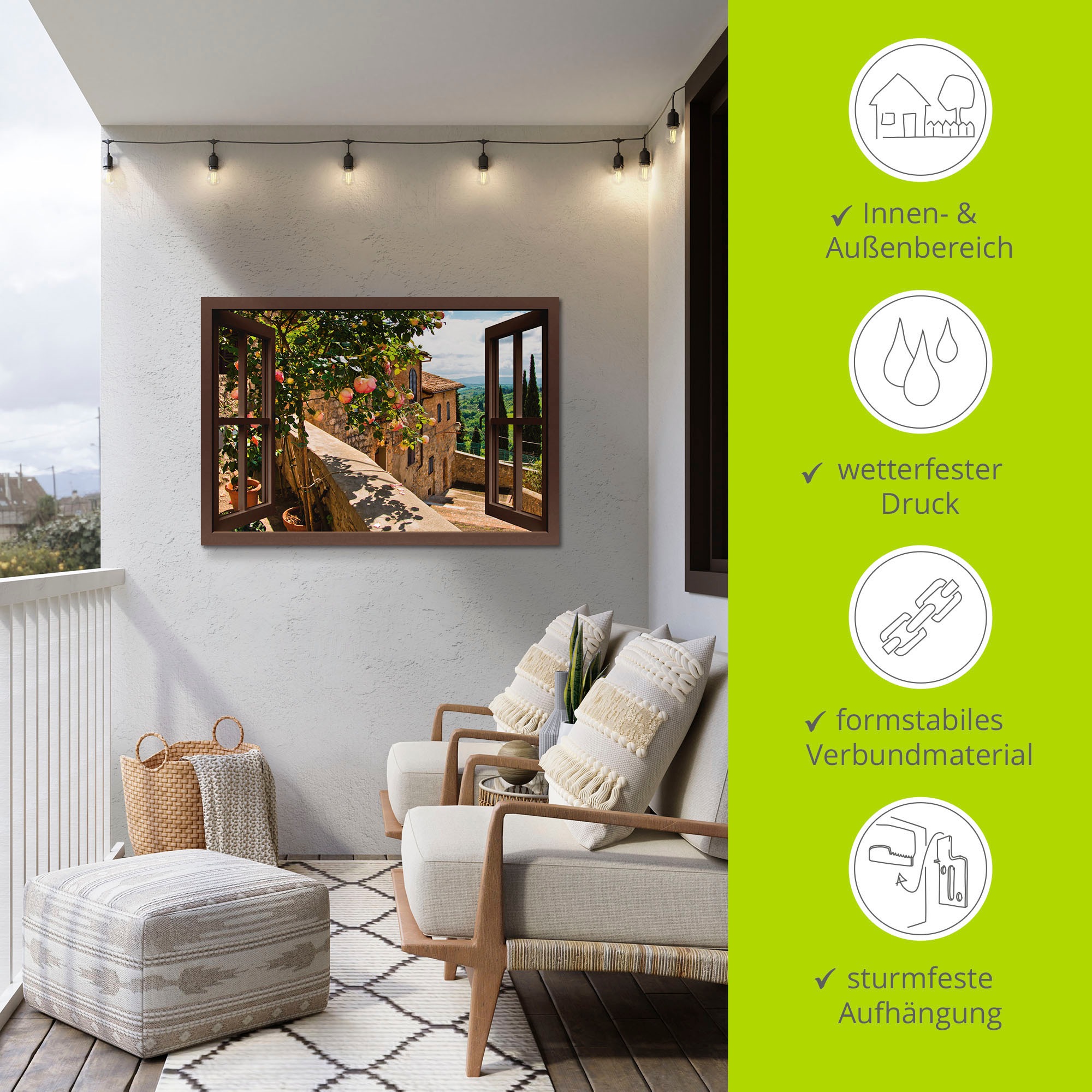 Artland Wandbild »Fensterblick Rosen auf Balkon Toskana«, Garten, (1 St.), als Alubild, Outdoorbild, Leinwandbild, Poster, Wandaufkleber