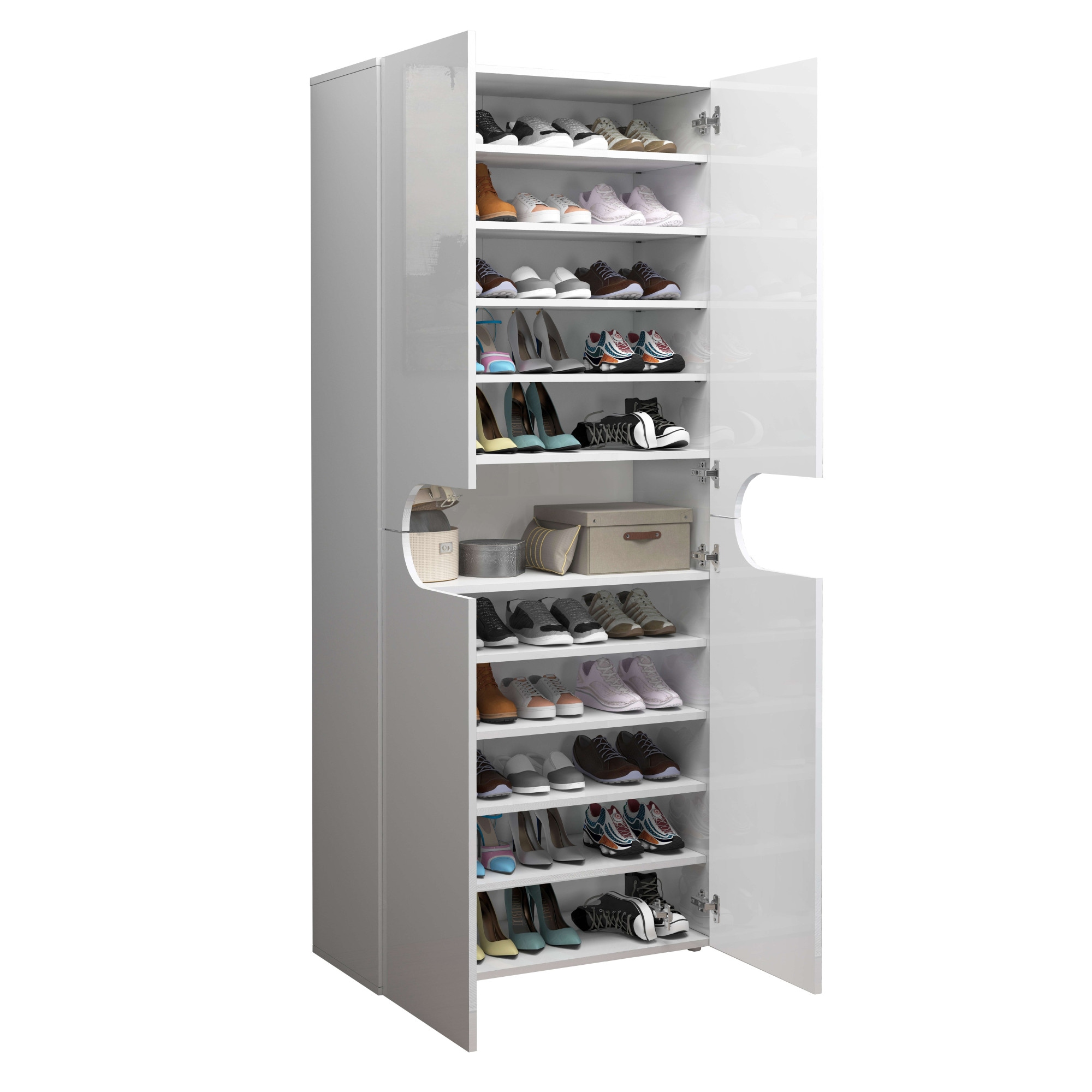 INOSIGN Schuhschrank »Real,Schuhschrank,Schuhkommode,Schuhregal,Breite 80 cm,Höhe 190 cm«, komplett Hochglanz lackiert, 4 Türen mit offenem Fach in ovaler Form
