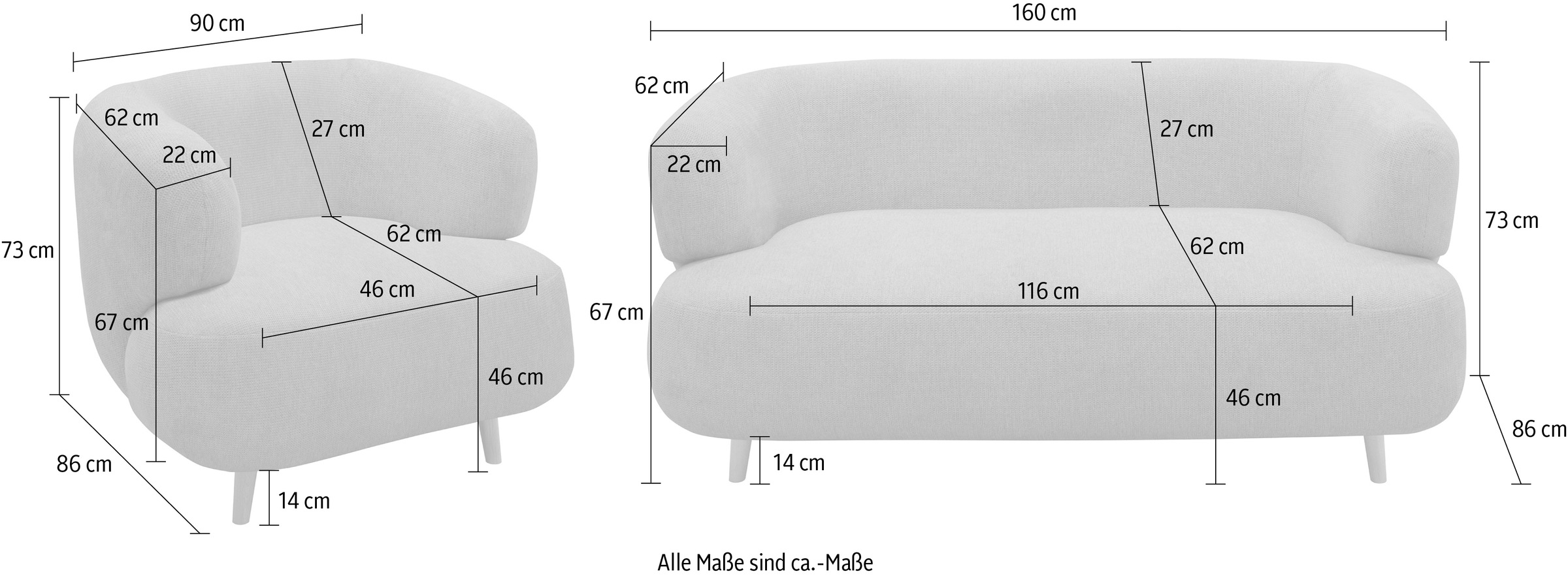 andas Polstergarnitur »Tistam«, 2-teilig, 2-Sitzer und Sessel, runde, organische Form