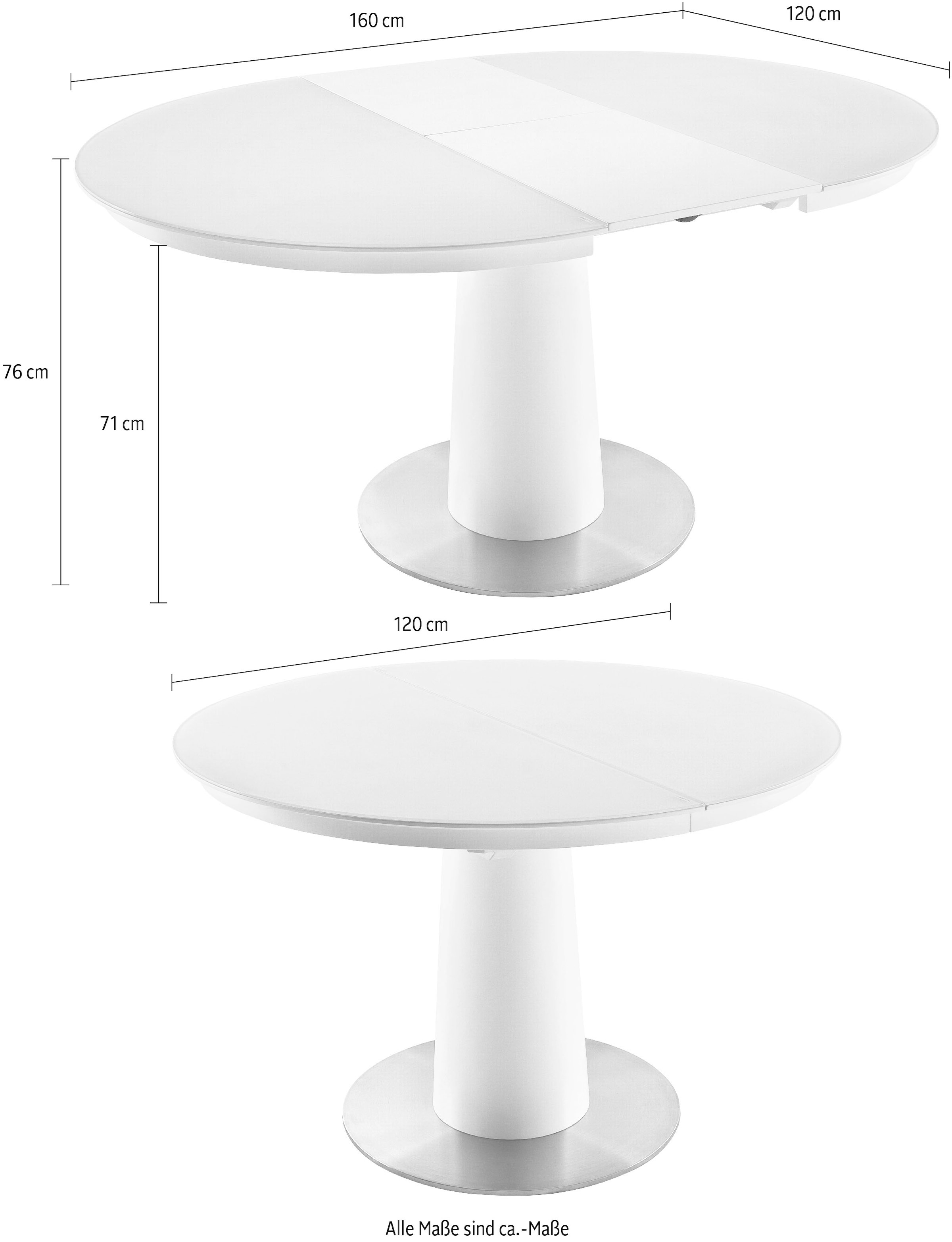 MCA furniture Esstisch »Waris«, Esstisch Rund mit Synchronsauszug, Weiss matt mit Sicherheitsglas