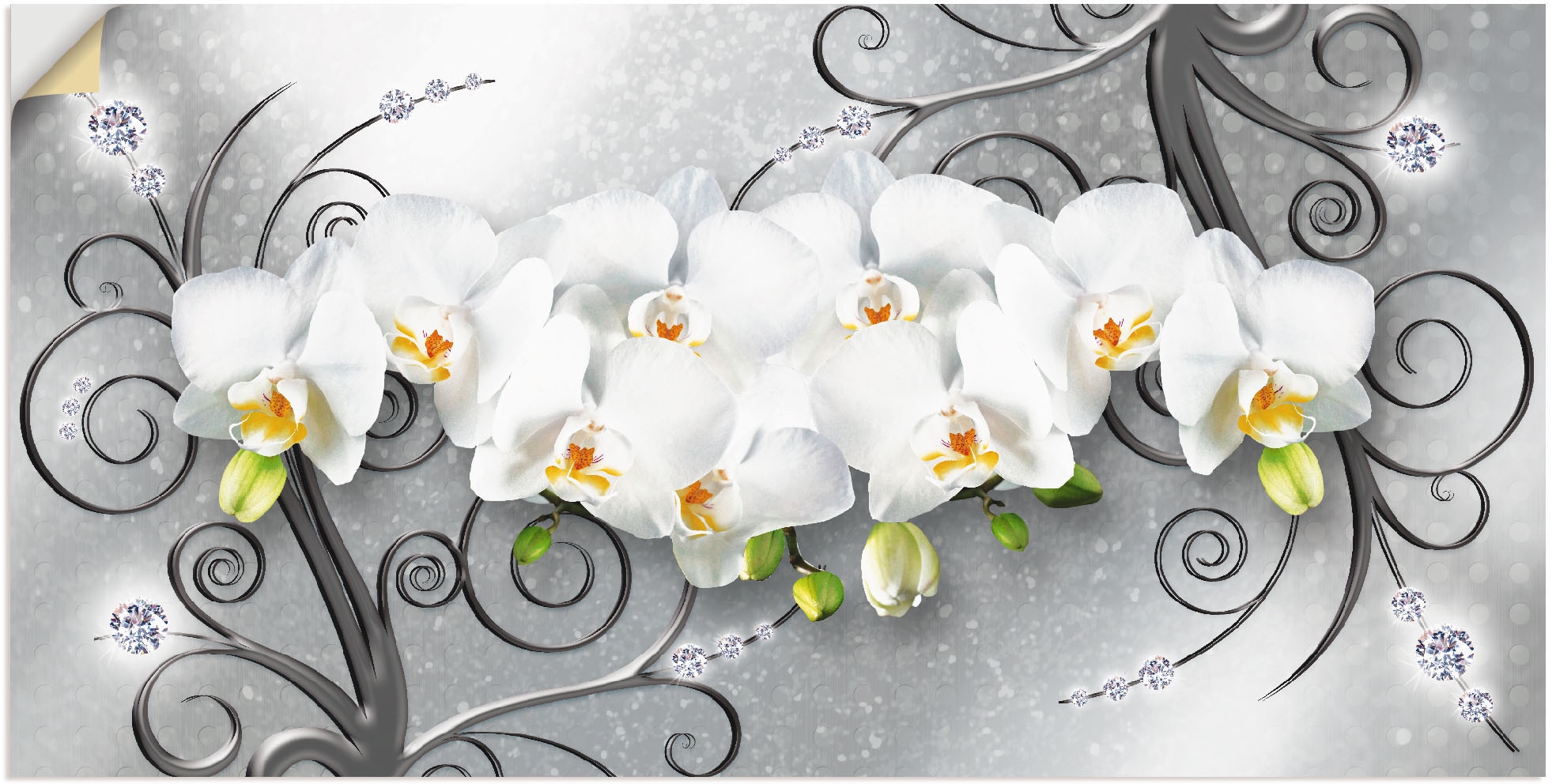 Artland Wandbild »weisse Orchideen auf Ornamenten«, Blumenbilder, (1 St.), als Alubild, Outdoorbild, Leinwandbild, Poster, Wandaufkleber