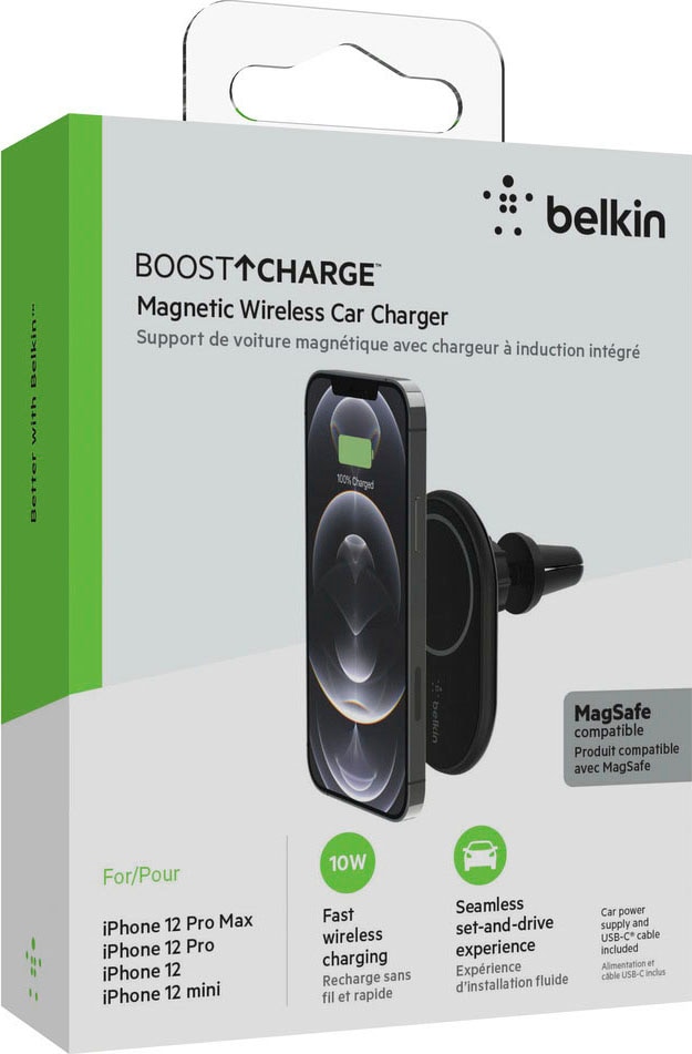 Belkin Smartphone-Halterung »magnetische 10 Watt Kfz-Halterung mit Ladefunktion«, (1 St.), MagSafe kompatibel für iPhone Serie 12/13/14/15, incl. Kfz-Ladegerät