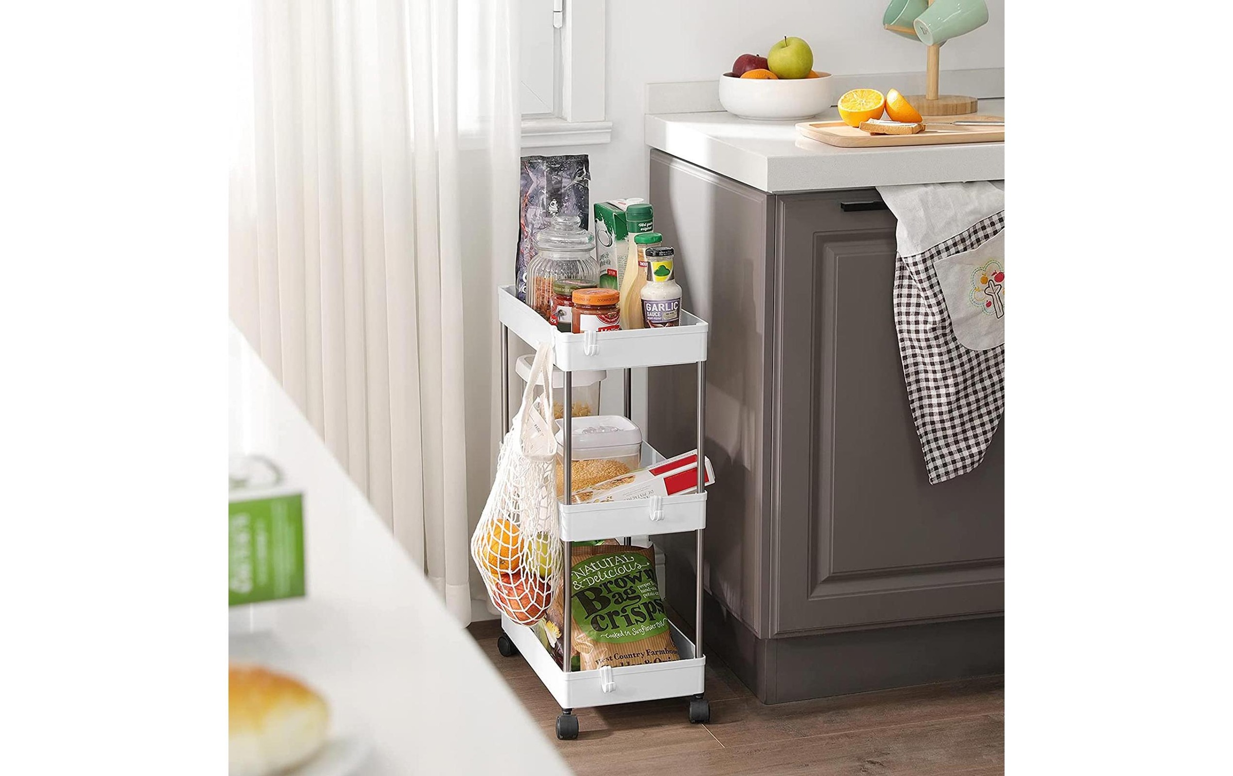 SONGMICS Carrito Auxiliar con Ruedas, Carrito Cocina, Estantería con Ruedas, Carrito para el Baño, para la Cocina, 40 x 22 x 60 cm, Gris/Blanco