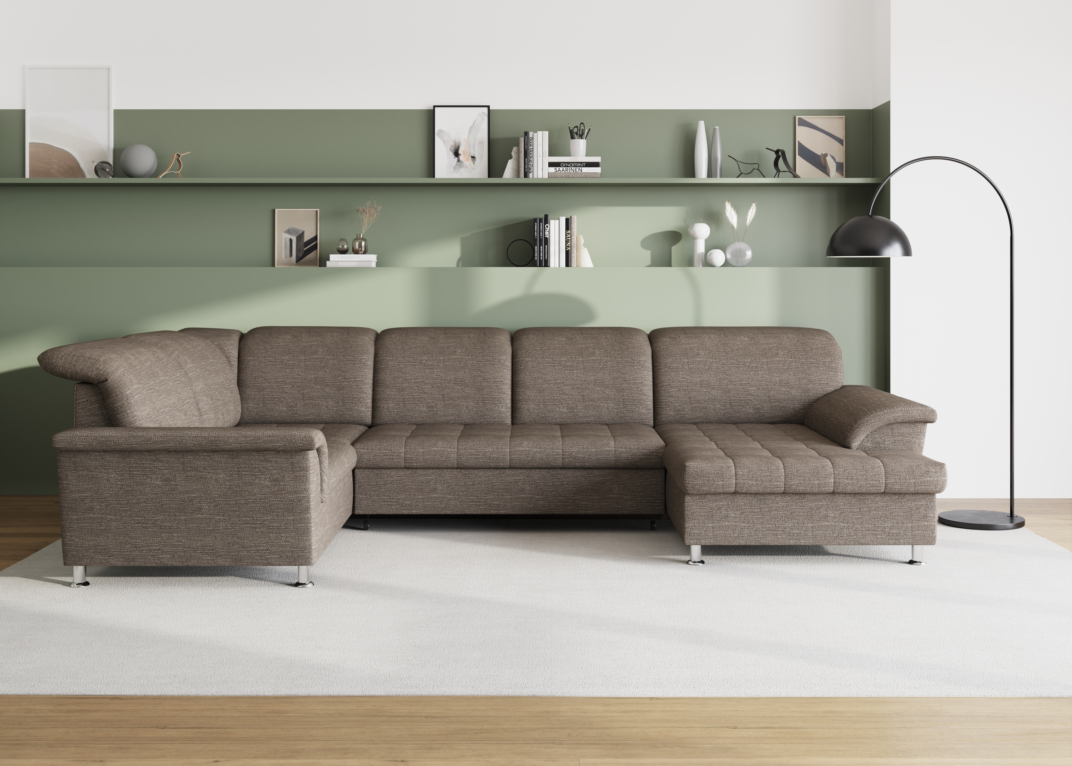 DOMO collection Wohnlandschaft "FRANZI optional mit Bettfunktion, Bettkasten & Kopfteilverstellung" U-Form, Recamiere rechts, beige-braun, B/T: 352/214 cm