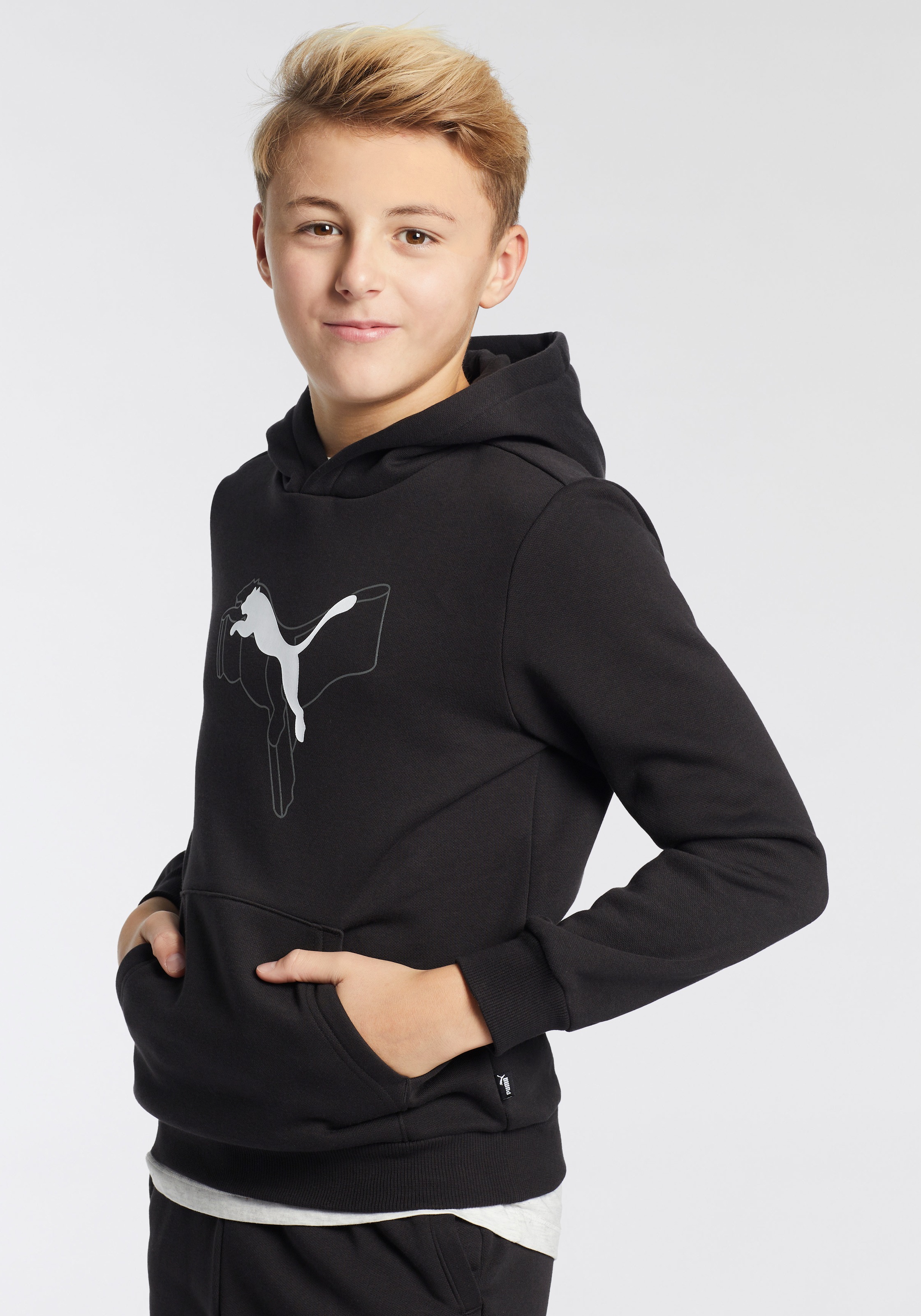 PUMA Kapuzensweatshirt »ESS+ LOGO LAB CAT HOODIE FL B«, für Jugendliche, mit Print-Applikation, mit Rundhalsausschnitt