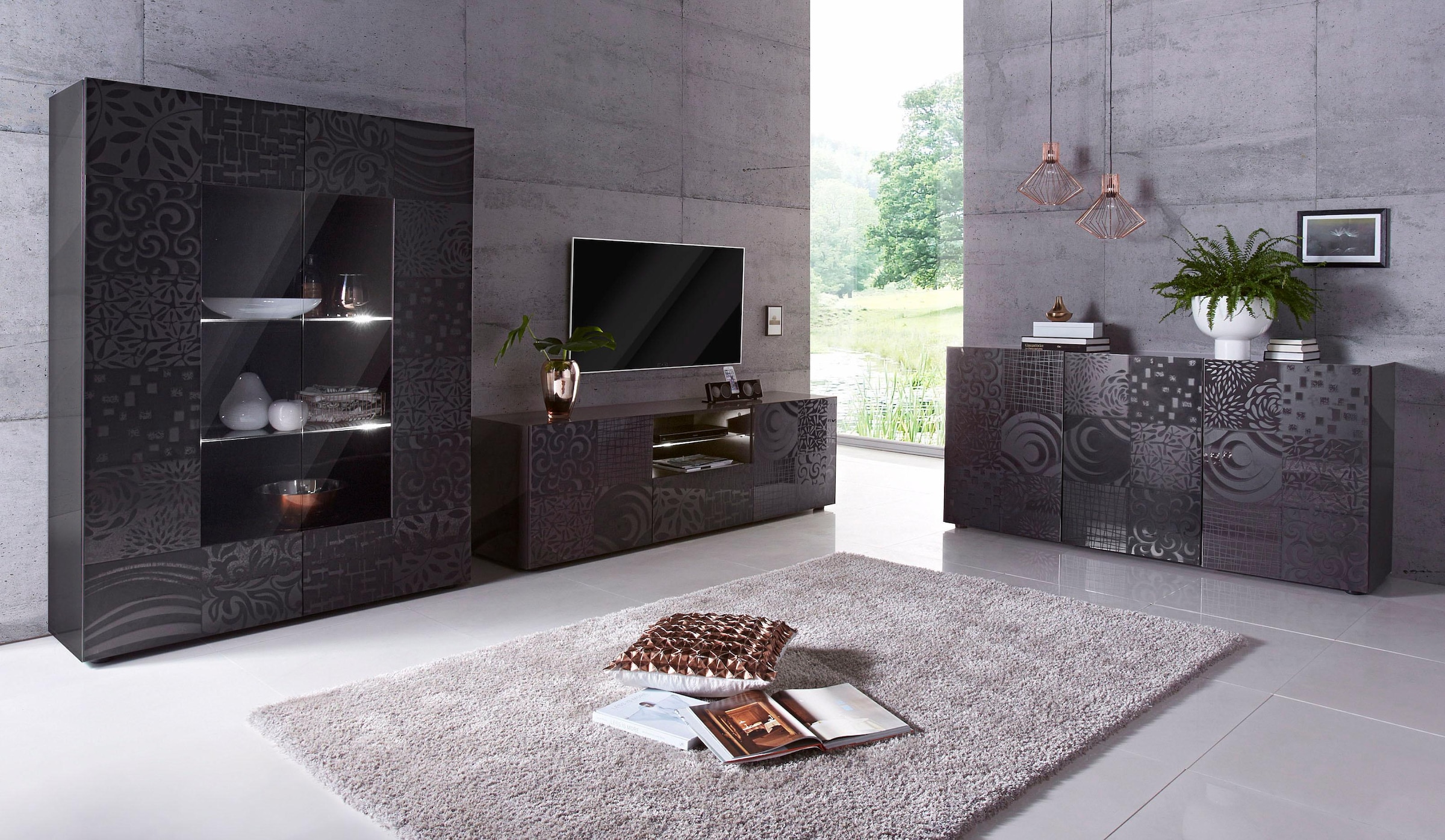 INOSIGN Vitrine »Miro«, Stauraumvitrine, Höhe 166 cm mit dekorativem Siebdruck