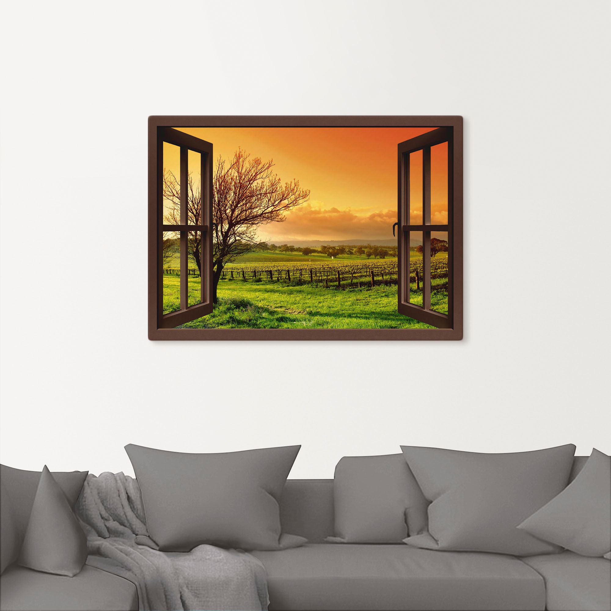 Artland Wandbild »Fensterblick - Landschaft mit Weinbergen«, Fensterblick, (1 St.), als Leinwandbild, Wandaufkleber in verschied. Grössen