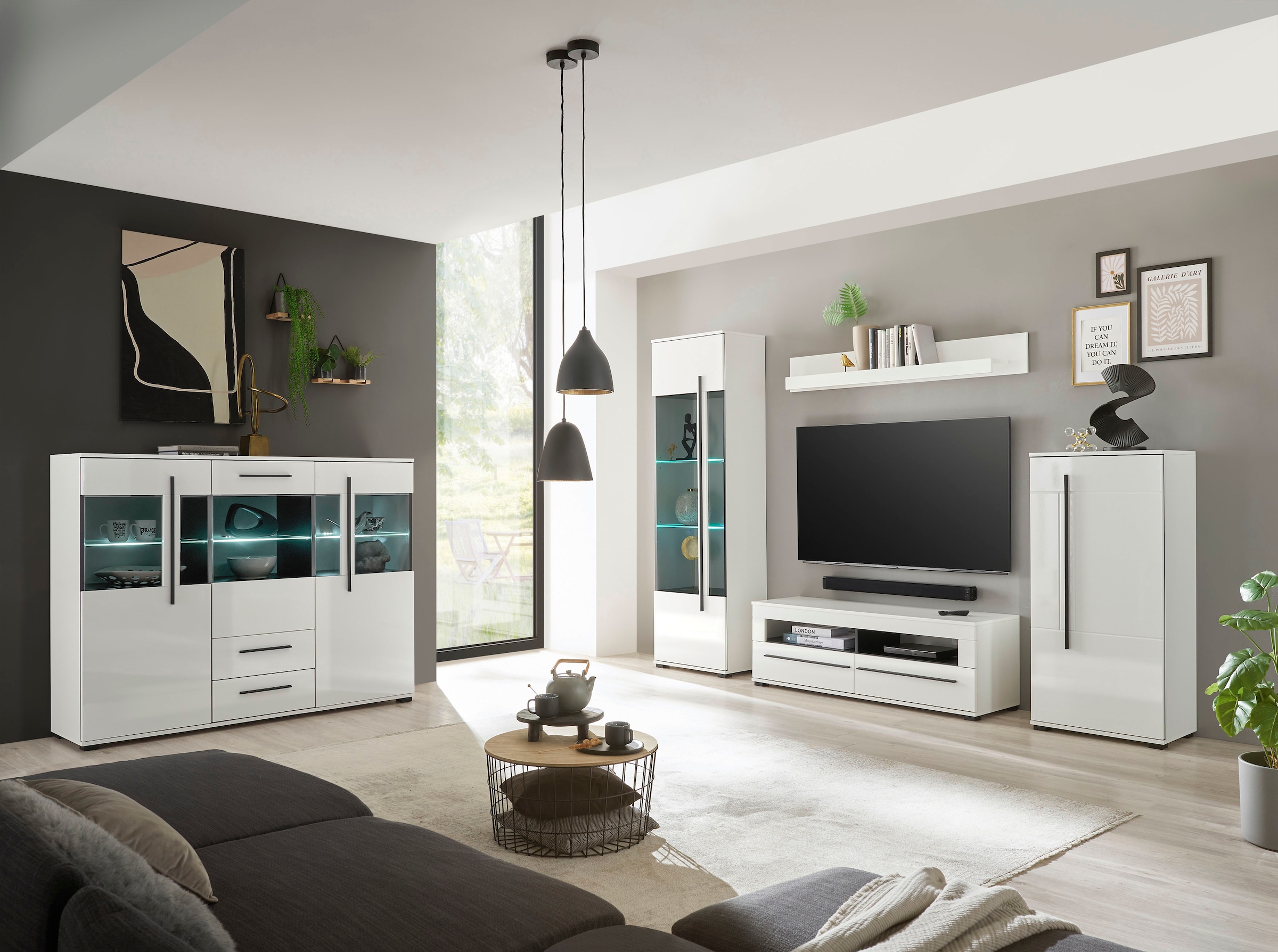 INOSIGN Highboard »Cantara, moderner Schrank, Vitrine in Eiche Dekor oder weiss«, schwarze Stangengriffe, ausreichend Stauraum, vielseitig einsetzbar