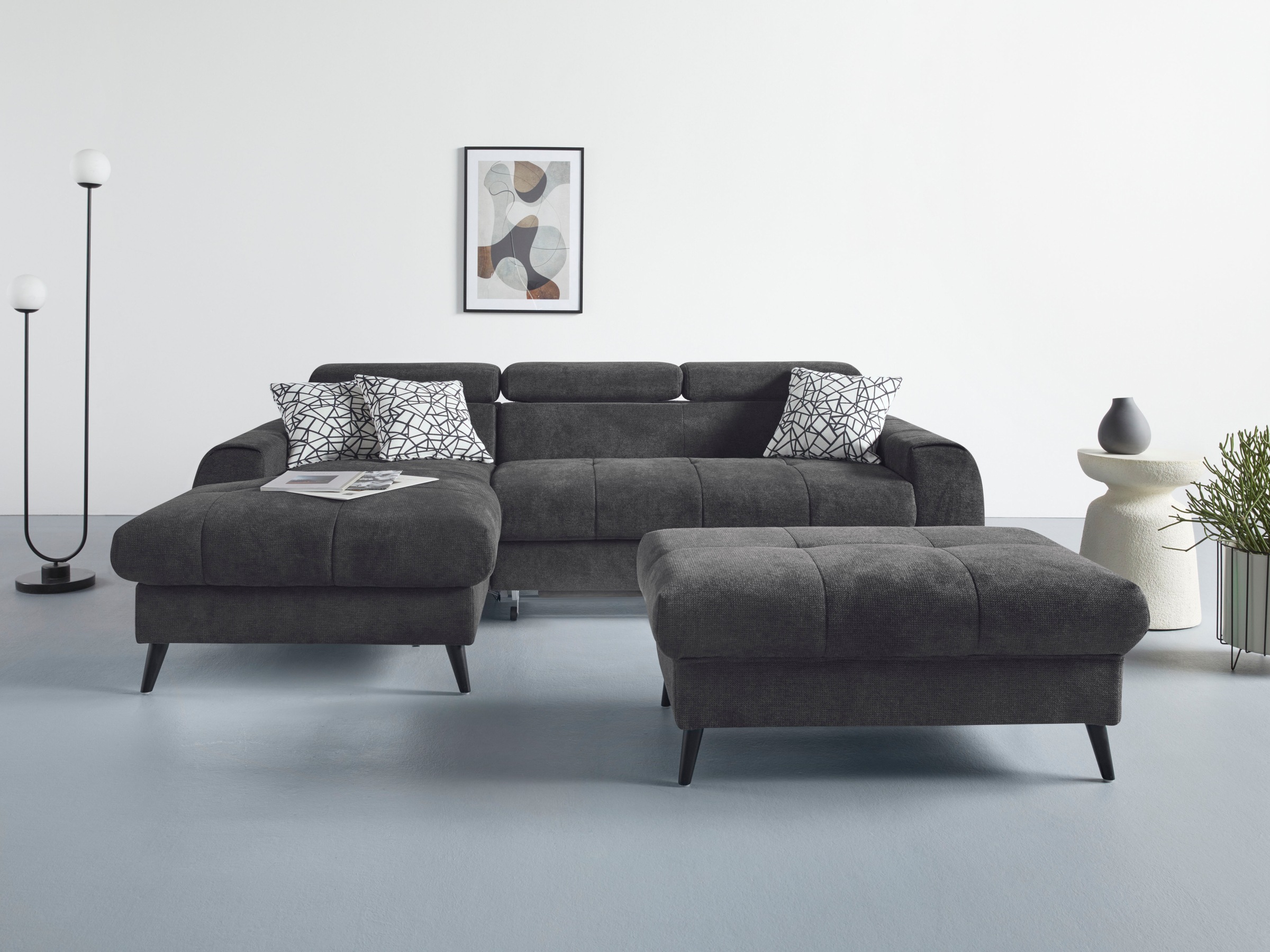 COTTA Ecksofa »Mia L-Form mit 3 Zierkissen«, wahlweise mit Bettfunktion, Bettkasten, Beleuchtung & Wireless-Charger