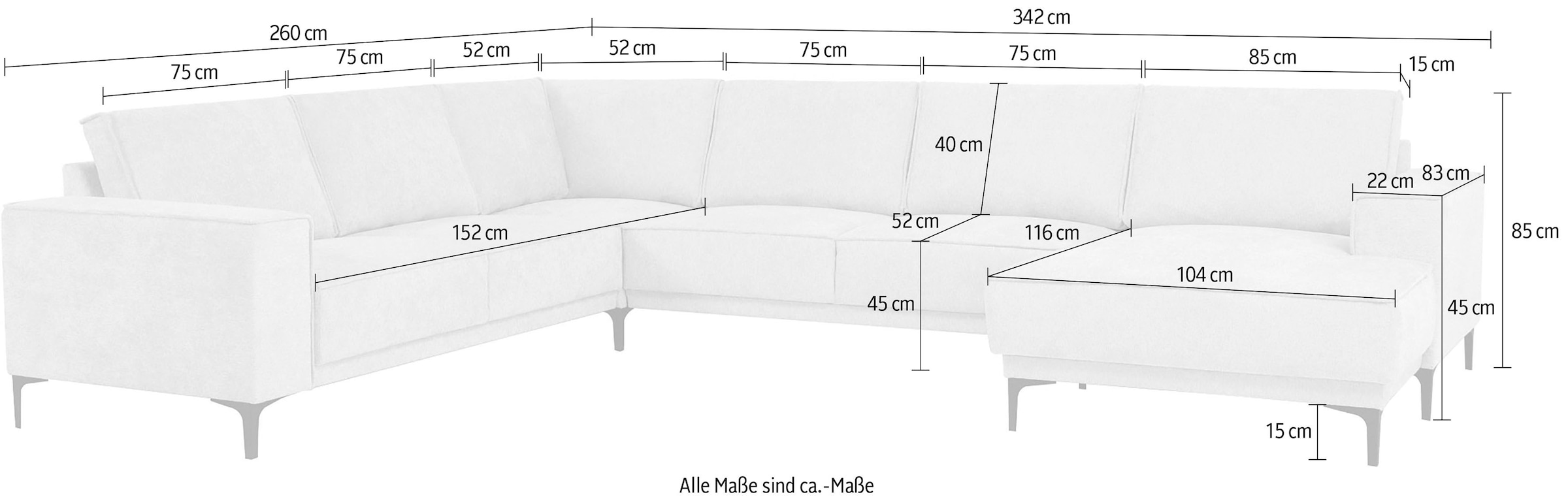 Places of Style Wohnlandschaft »XXL Sofa Oland, Struktur, Flachgewebe, Luxus-Microfaser, Boucle«, U-Form, 342 cm, Wellenunterfederung, Skandi-Design, Metallfüsse