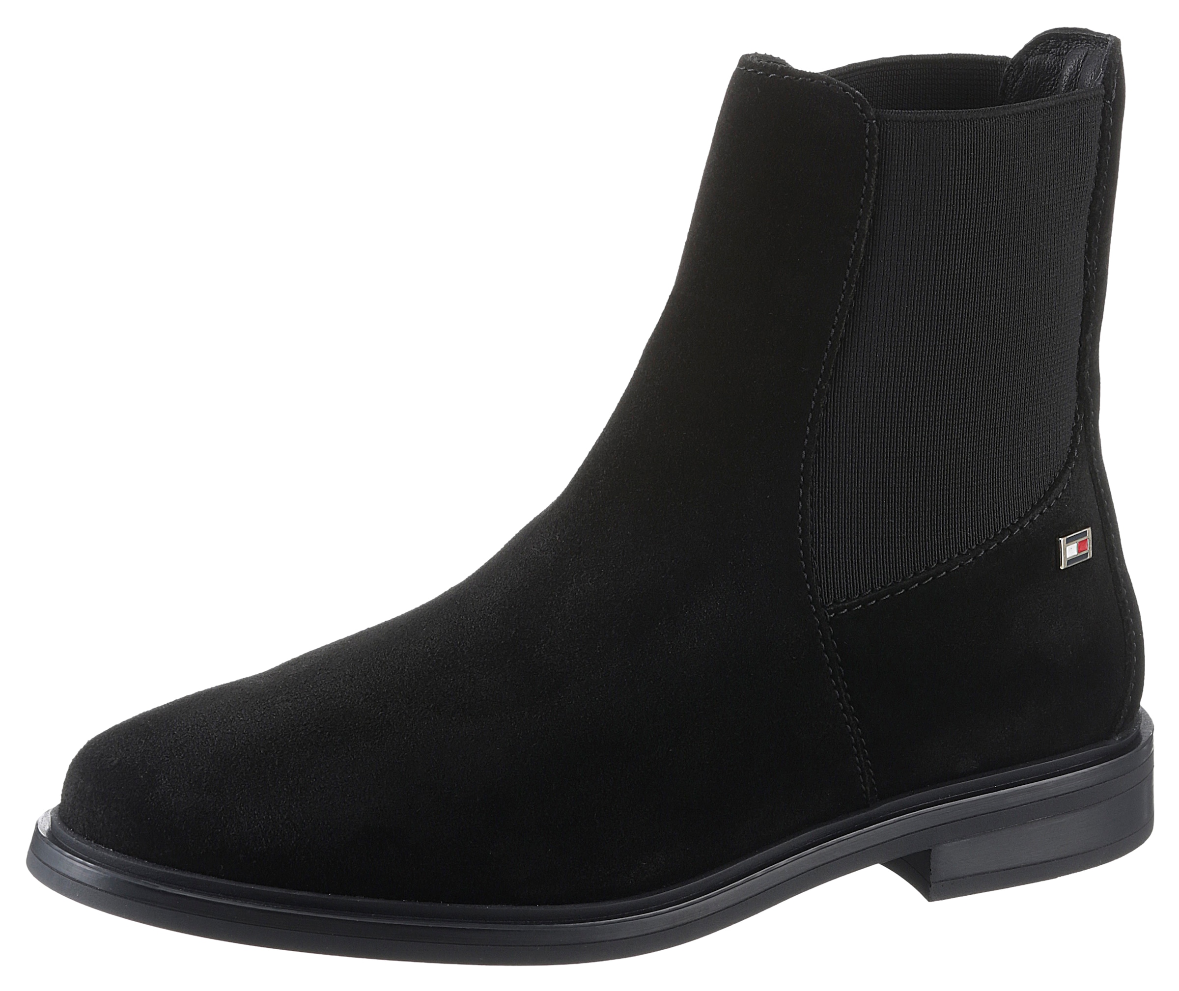 TOMMY HILFIGER Chelseaboots »FLAG SUEDE LOW CHELSEA«, Blockabsatz, Businessschuh, Stiefelette mit...