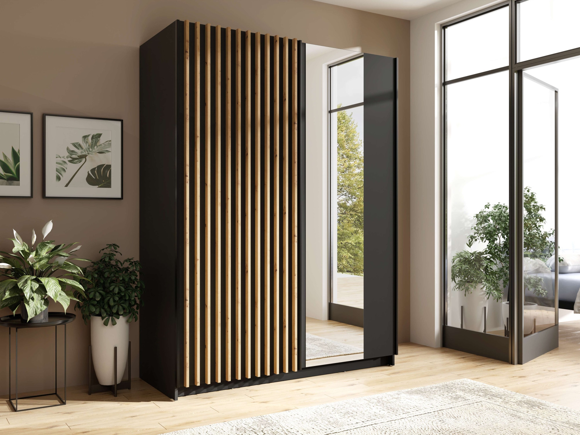 Home affaire Kleiderschrank »Kleiderschrank Camden mit Spiegel, 4 Einlegeböden und Kleiderstange«, Garderobe mit 2 Schwebetüren und Lamellen, BxHxT 150,5x198,5x61,6 cm