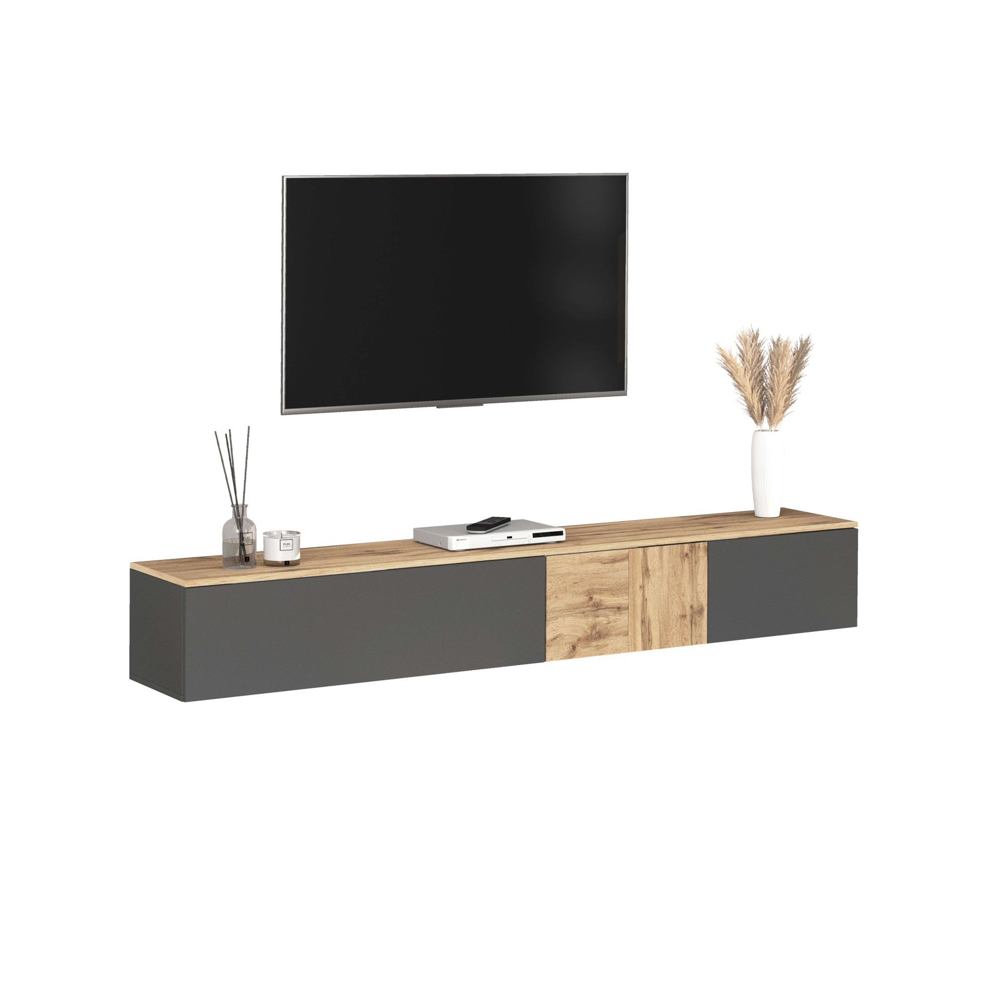GOODproduct Lowboard "ISEO, TV-Kommode,TV-Möbel,TV-Bank, 3 Fächer, Breite 200 cm" 1 Stk. tlg. stehend/hängend, 1 Klappe, 2 Türen, 3 Fächer, Breite 200 cm