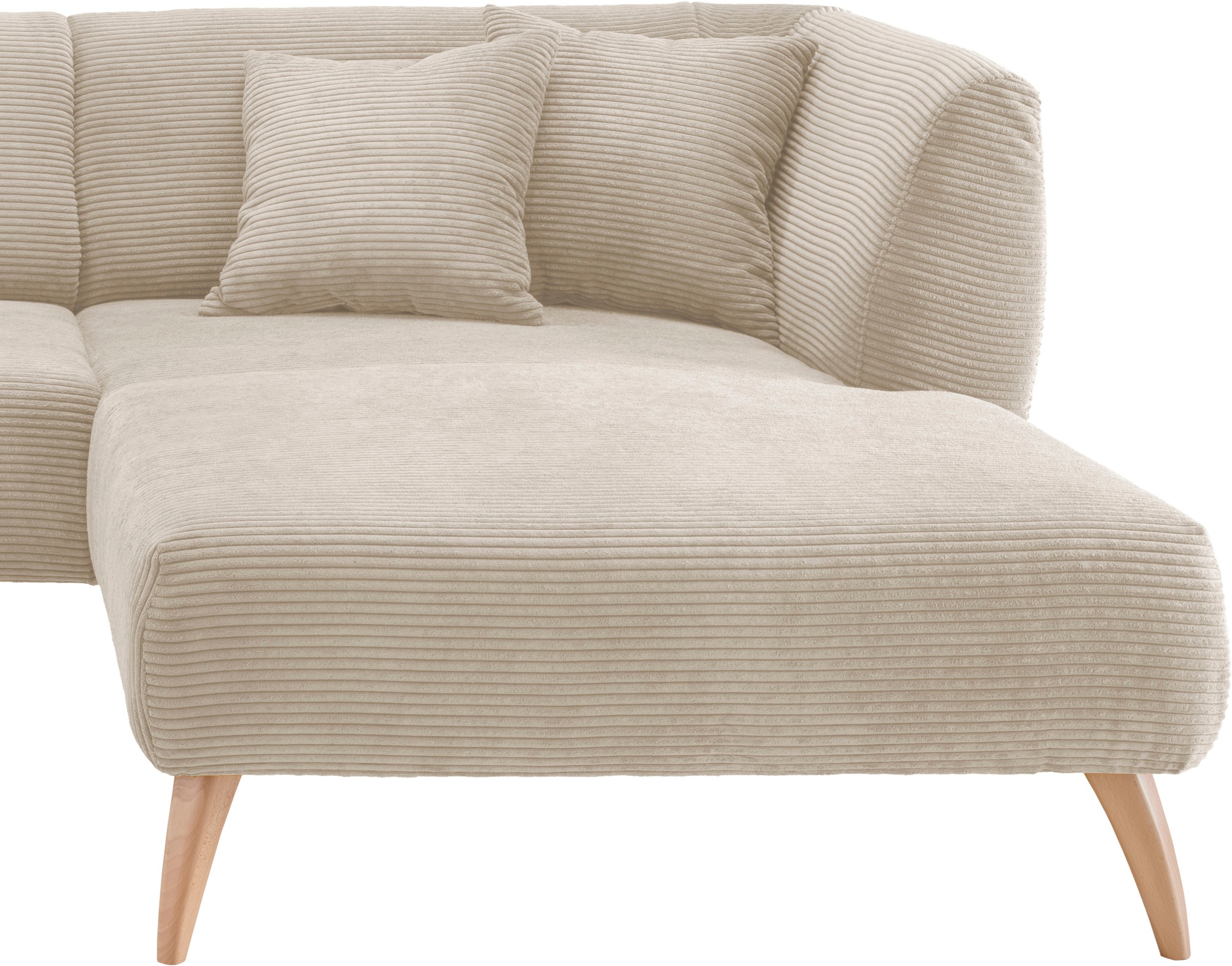 INOSIGN Ecksofa »Colori Polstermöbel mit zeitlos eleganter Rückenführung. L-Form«, Holzfussfarbe wählbar, inkl. 4x Zierkissen