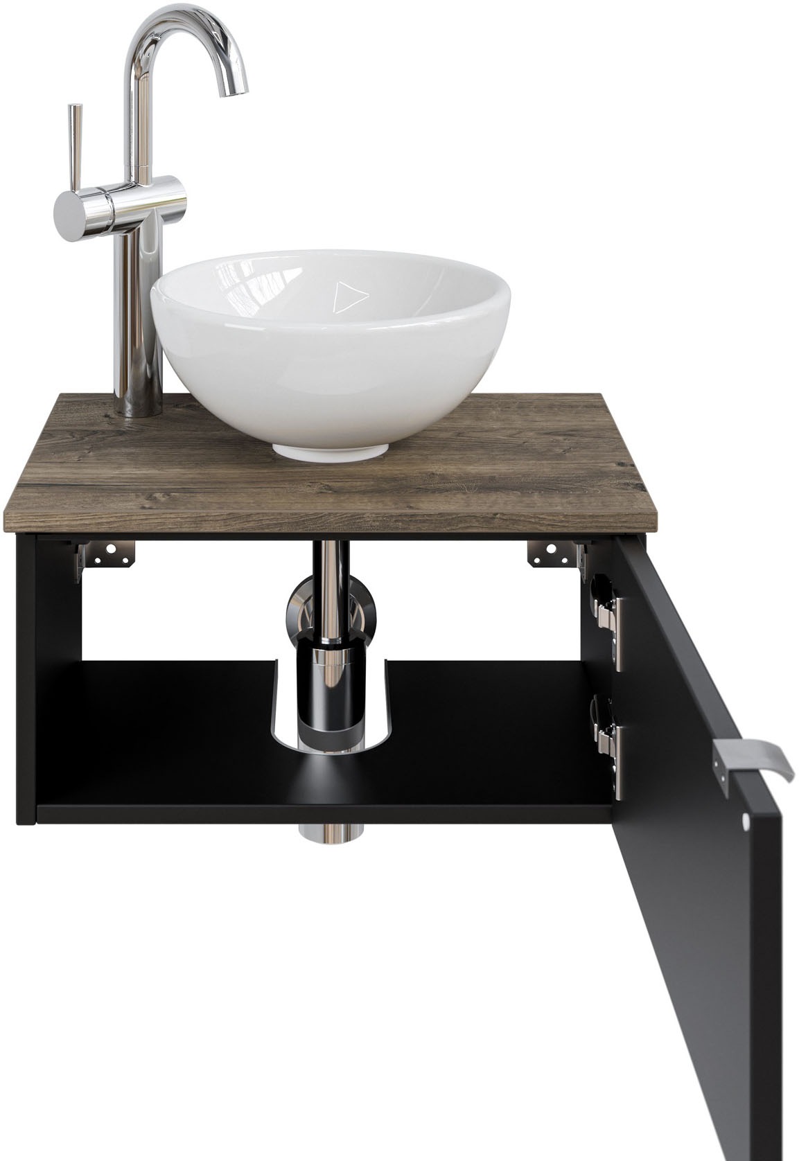 Saphir Waschtisch "Serie 6915 Waschschale mit Unterschrank für Gästebad, Gäste WC" Keramik-Aufsatzbecken, Waschtischplatte, Waschtischunterschrank, 3 Stk. tlg. 51 cm mit Keramik-Aufsatzbecken und 1 Tür