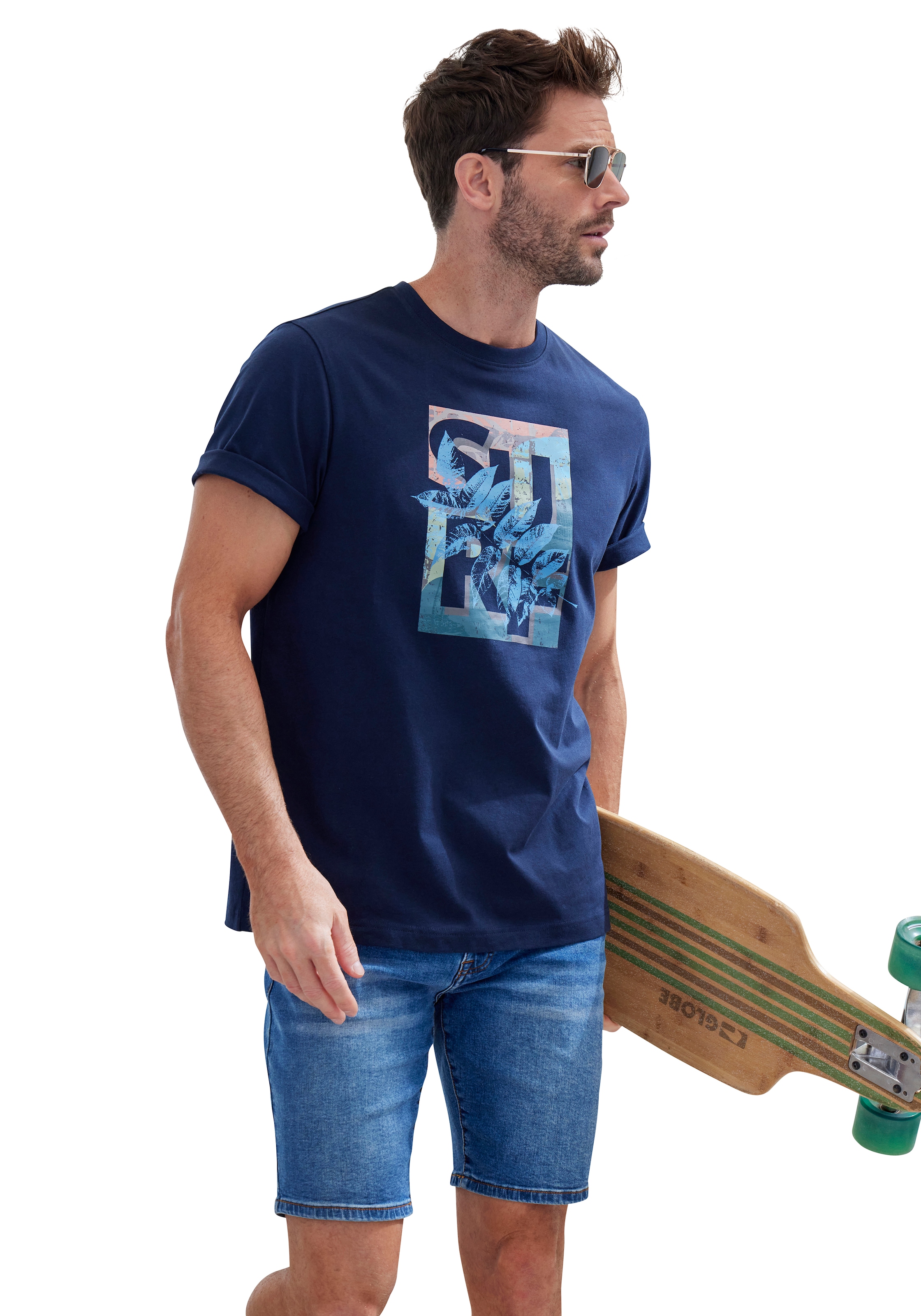 John Devin T-Shirt, Rundhalsshirt mit Surf -Aufdruck aus reiner Baumwolle