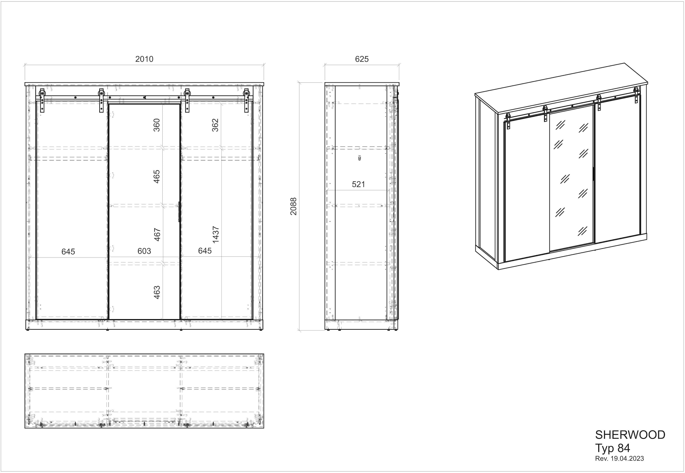 Home affaire Kleiderschrank »SHERWOOD Schlafzimmerschrank mit Spiegel Wäscheschrank«, Schiebetüren mit Scheunentorbeschlag aus Metall, B/T/H 201/63/209cm