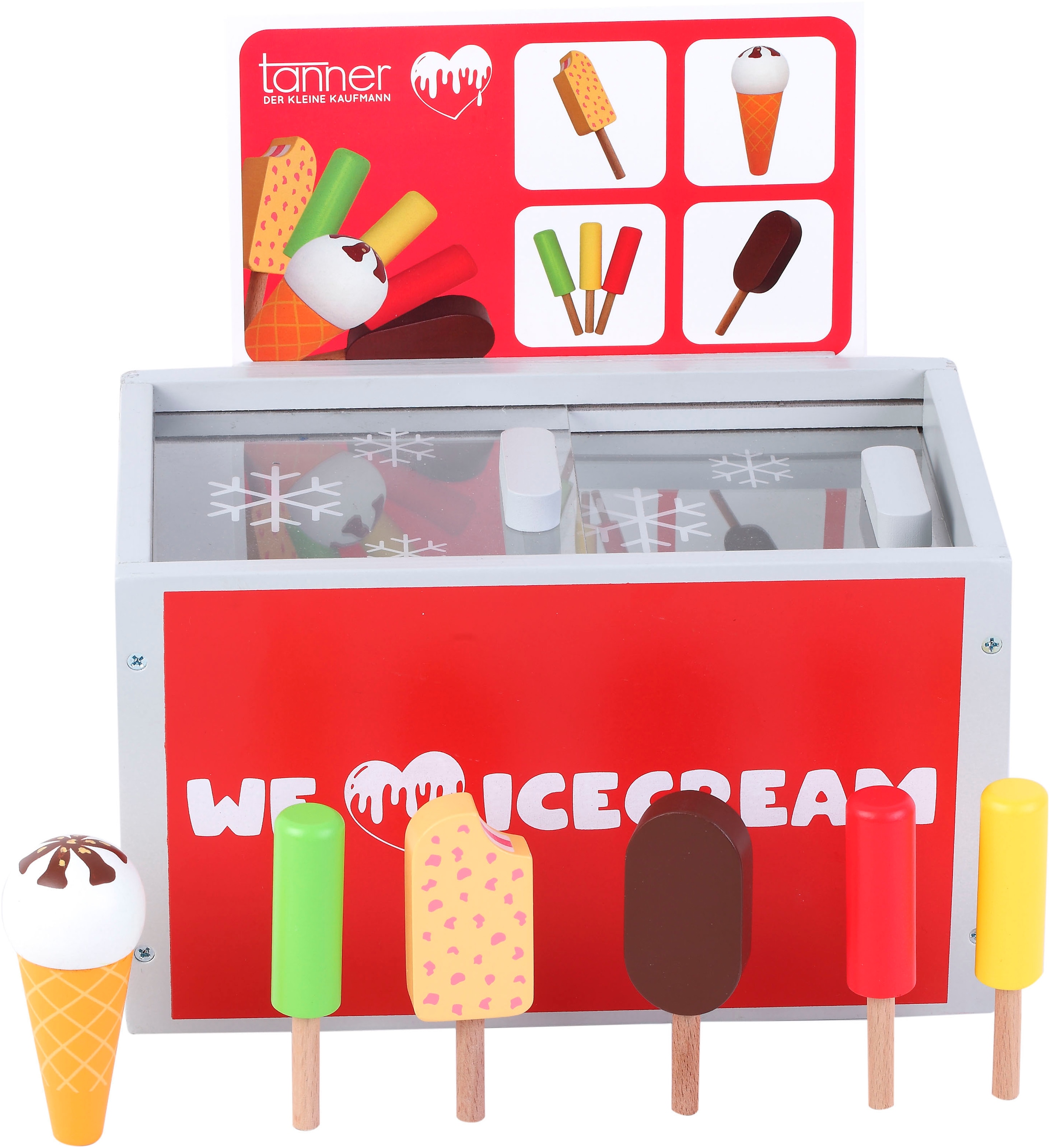 Tanner Kaufladensortiment "Eistruhe aus Holz mit vielen Eissorten" FSC - schützt Wald