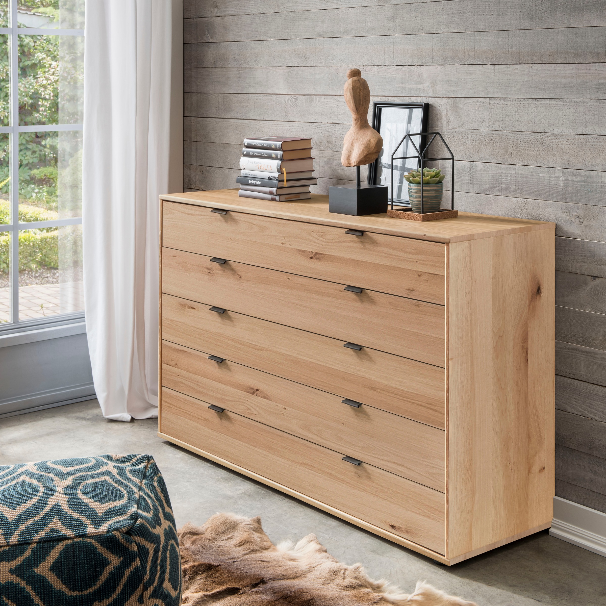 WIEMANN Schubkastenkommode "Cardiff Sideboard, Wäscheschrank, teilmassiv Bianco-Eiche, Schubladen" Glas- oder Massivholzfront, verschiedene Breiten, MADE IN GERMANY, Schubkästen inklusive Selbsteinzug und Dämpfung