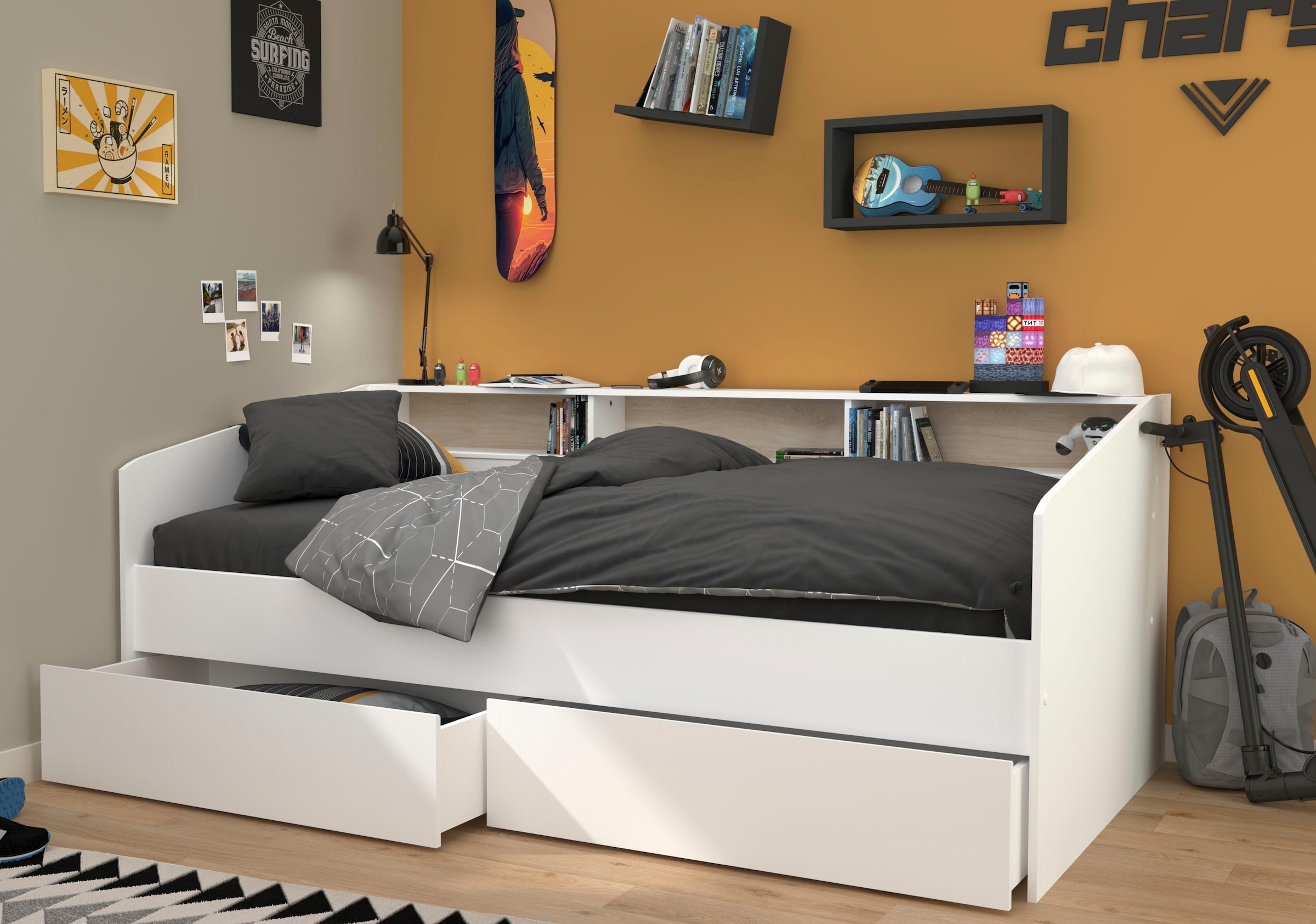 Parisot Stauraumbett »Sleep, Daybed, Kinderbett, Rückwand der Regale drehbar (farbig + weiss)«, inklusive, Regale, Schubkästen, viel Stauraum, TOPSELLLER!