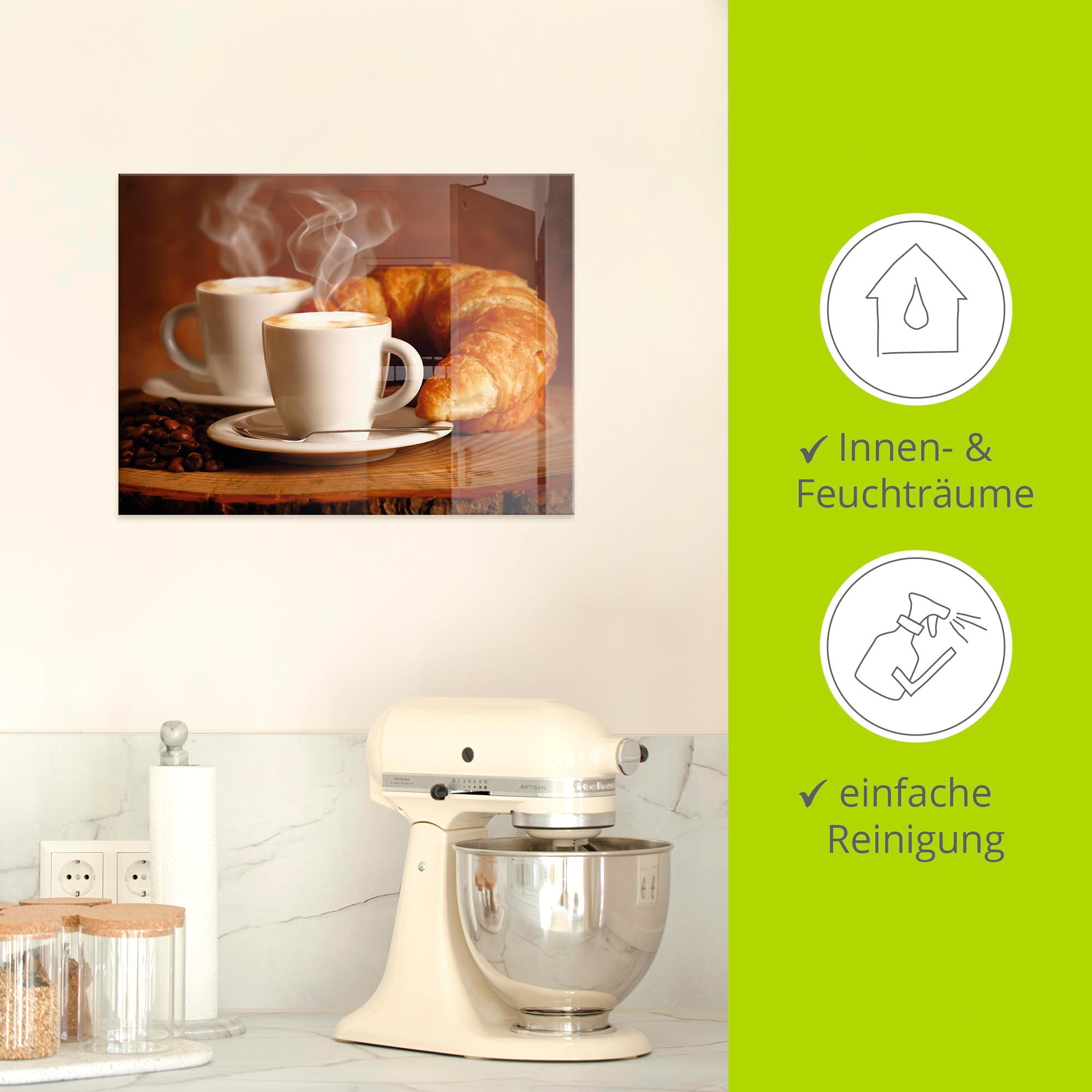 Artland Glasbild »Dampfender Cappuccino und Croissant«, Getränke, (1 St.), in verschiedenen Grössen