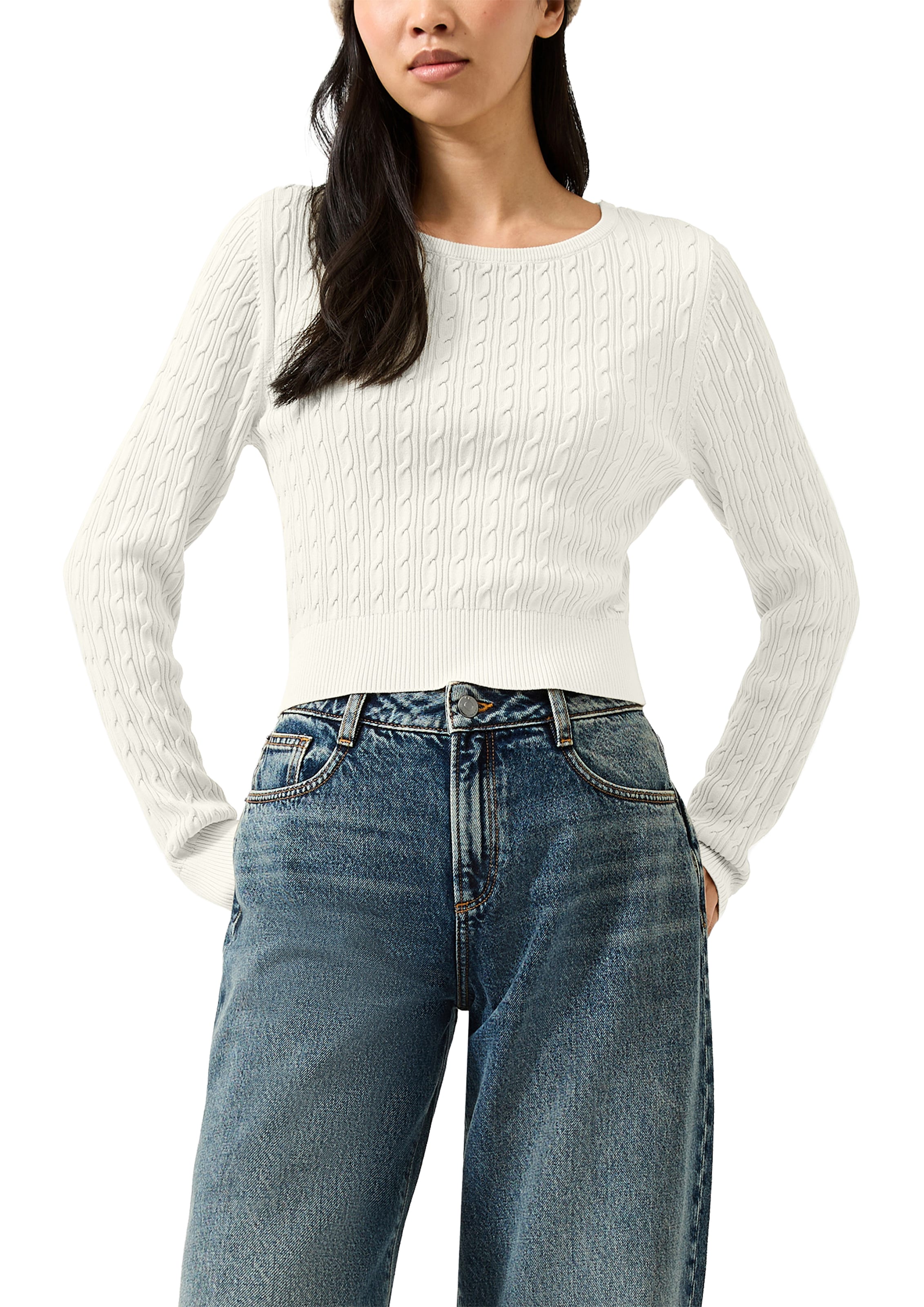 QS Strickshirt Langarmshirt mit Zopfmuster / Viskosemix