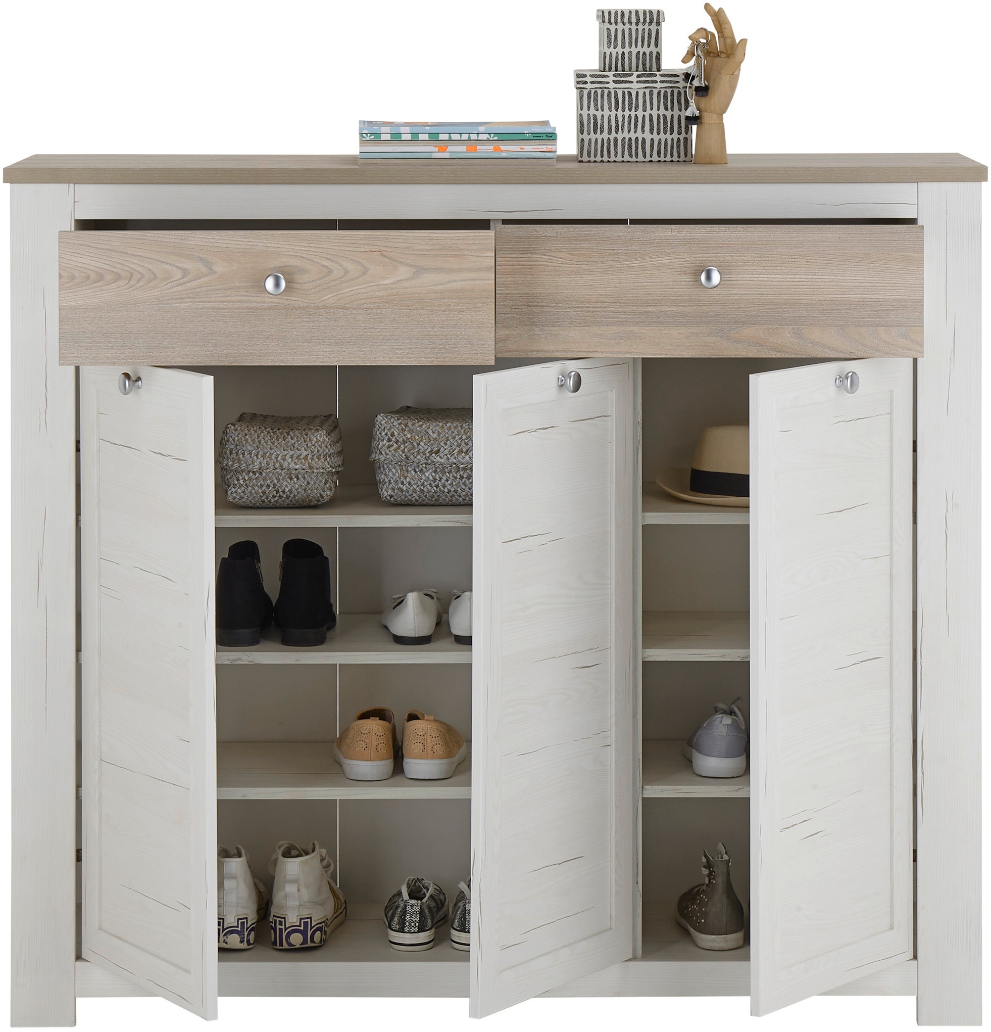 HBZ Schuhschrank »Brixen im Landhaustil, BxHxT 137x121x38 cm«, (1 St.), Schuhkommode mit 3 Türen, 2 Schubkästen, 3 Einlegeböden