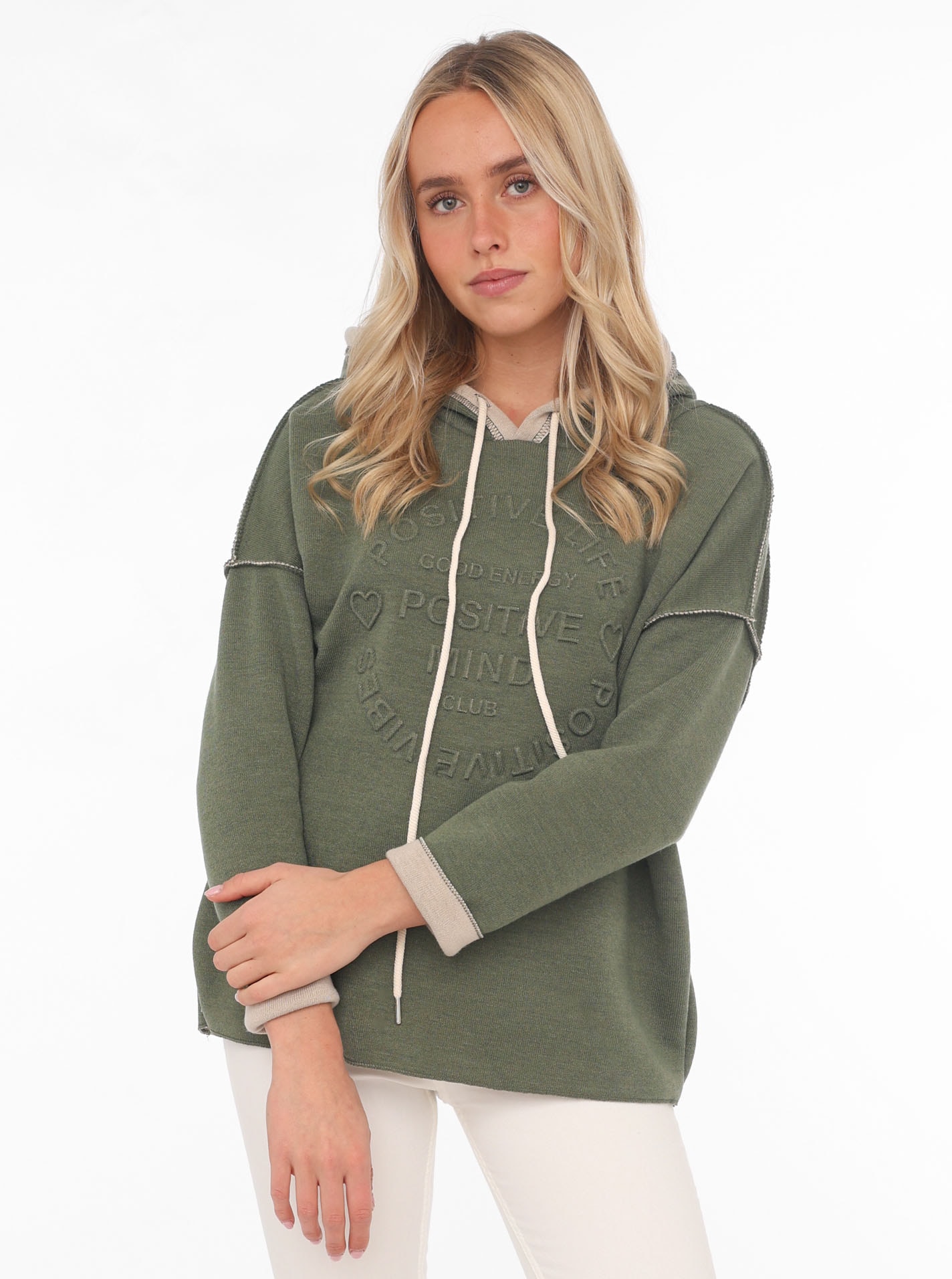 Zwillingsherz Hoodie »"Positive Mind"«, Kapuze, 3/4 Arm, tonaler Schriftzug vorn, Kordelzug