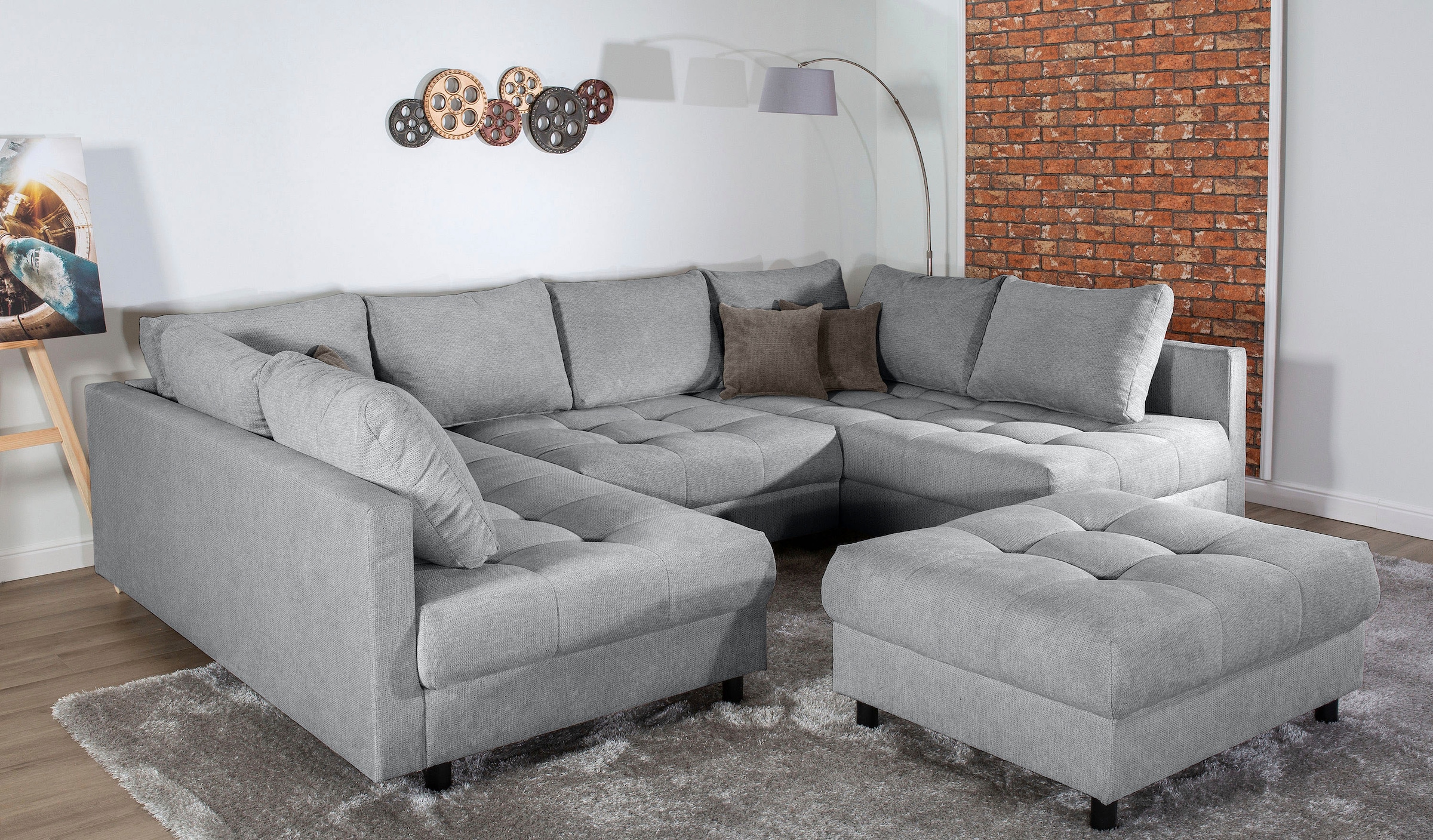 Home affaire Wohnlandschaft »Toni U-Form, B: 298 cm«, mit Hocker & 3 Zierkissen, Federkern