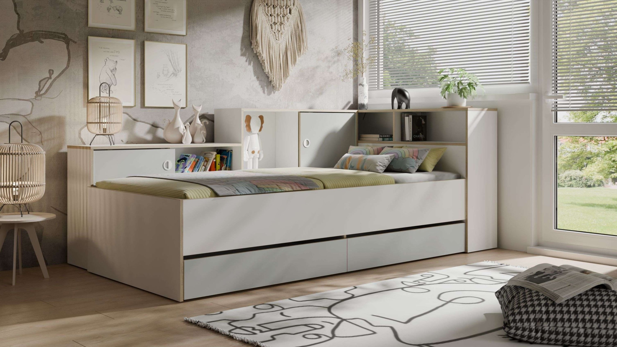 Home affaire Jugendbett »ELLETE Stauraumbett 90x200 cm, Masse B/T/H: 231,5/125,5/88,5 cm« Bett ohne Matratze mit 2 Schubladen, 2 Türen und 6 Fächer