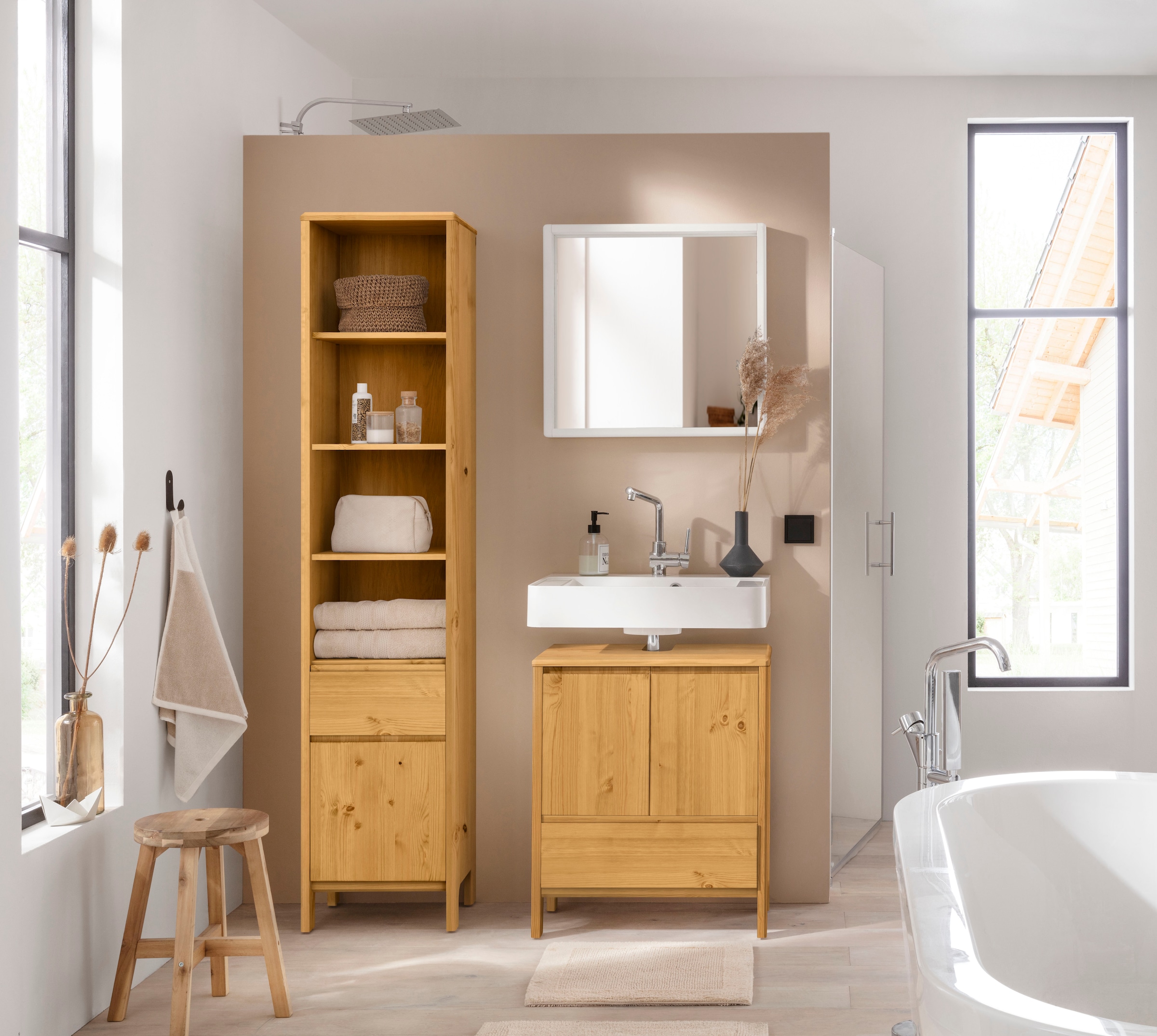 GOODproduct Waschbeckenunterschrank "Jorrick" Breite 60 cm, Kiefer mit Bio Öl/Wachs behandelt, Siphonausschnitt