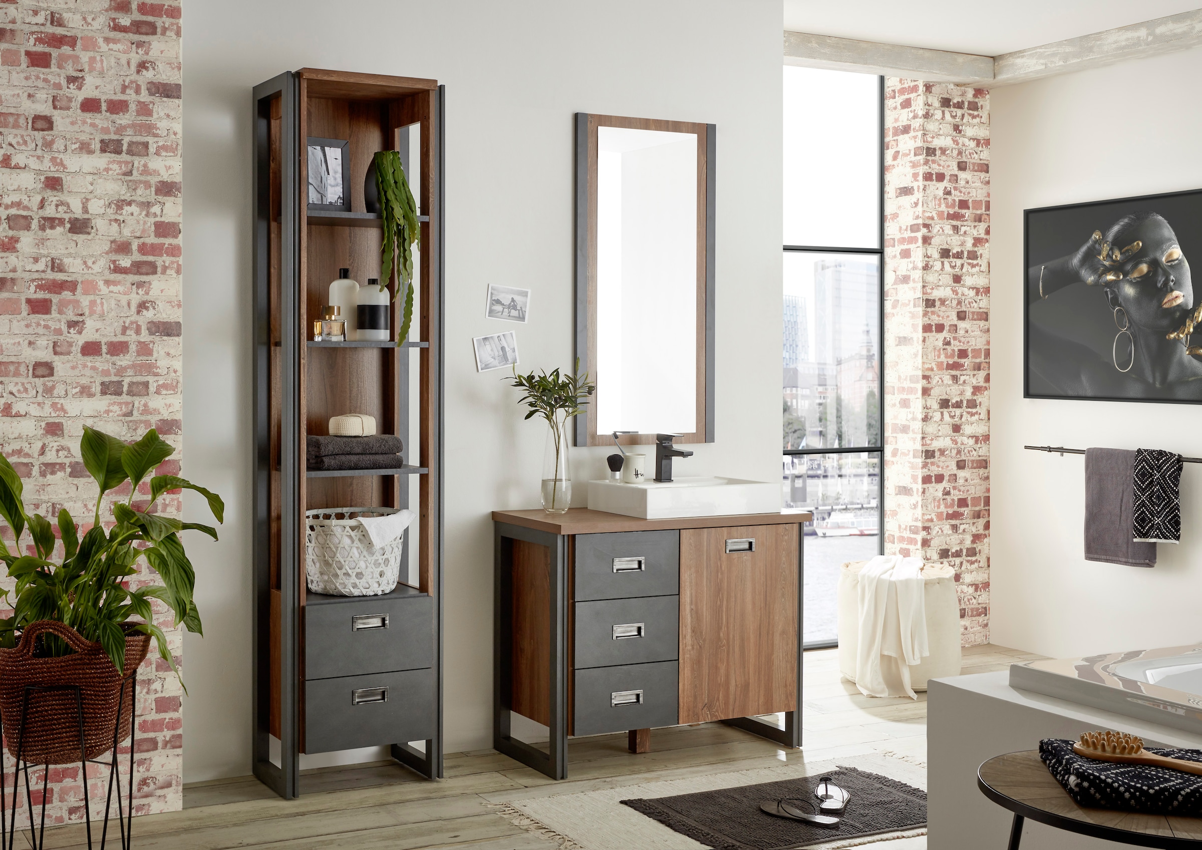 Home affaire Badmöbel-Set »Detroit, Bad im Industrialdesign, 3-teiliges Badezimmer«, (Set, 3 St.), Waschtisch, Regal & Spiegel, inkl. Aufsatzwaschbecken aus Mineralguss