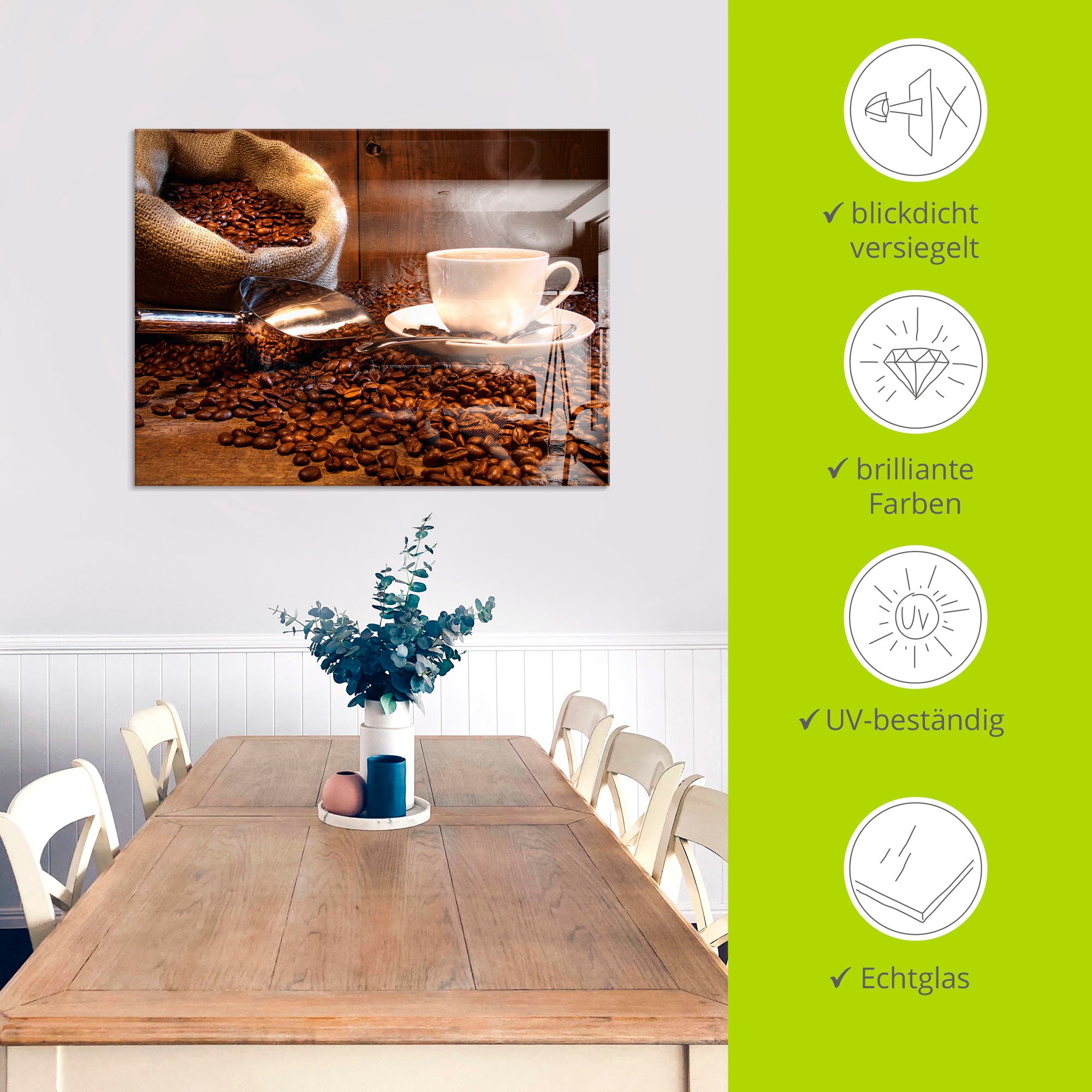 Artland Glasbild »Kaffeetasse und Leinensack auf Tisch«, Getränke, (1 St.), in verschiedenen Grössen