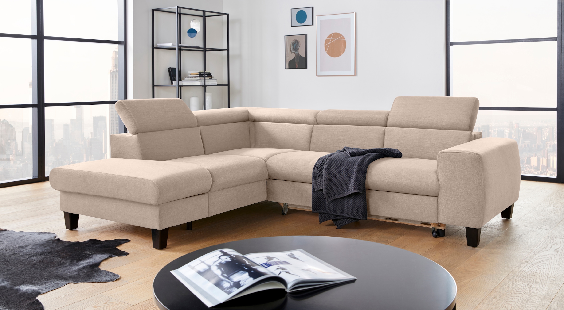 COTTA Ecksofa »Morven L-Form mit Kopfteilverstellung«, wahlweise mit Bettfunktion, Bettkasten & Wireless-Charger