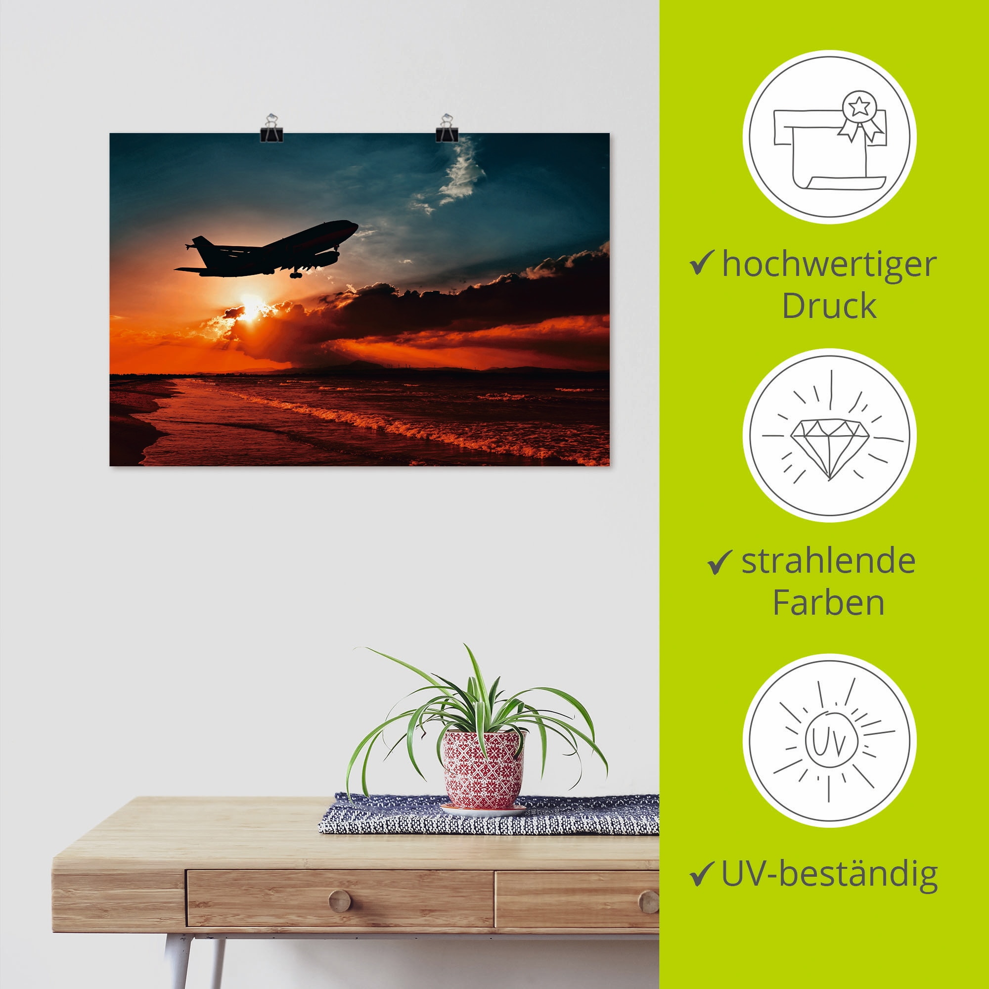 Artland Poster »Startendes Linienflugzeug am Abendhimmel«, Flugzeuge & Helikopter, (1 St.), als Alubild, Leinwandbild, Wandaufkleber oder Poster in versch. Grössen