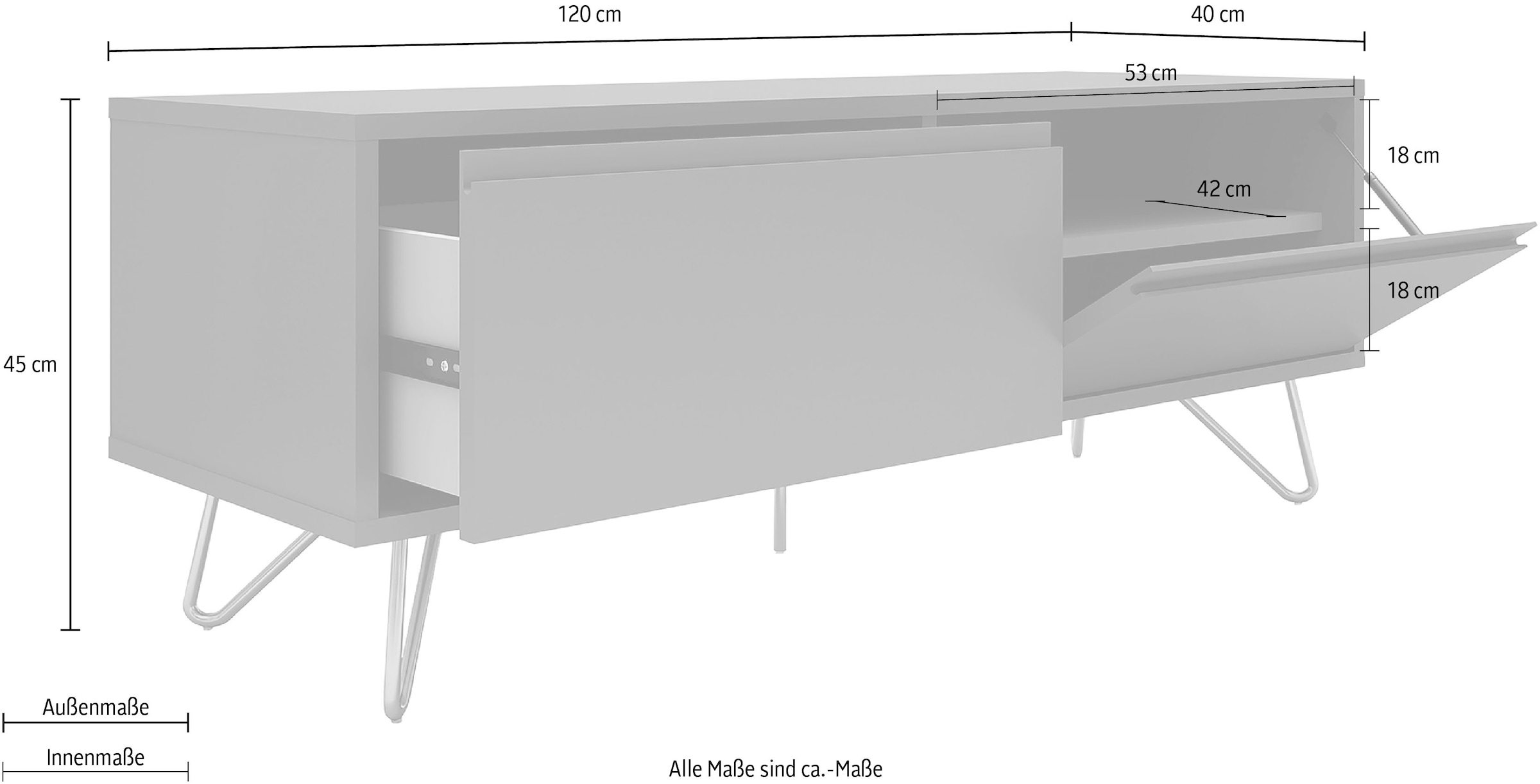 SalesFever Lowboard »Bolton - Lowboard in schlichter Eleganz«, Kommode, Haarnadelbeine aus Metall mit Messinglegierung