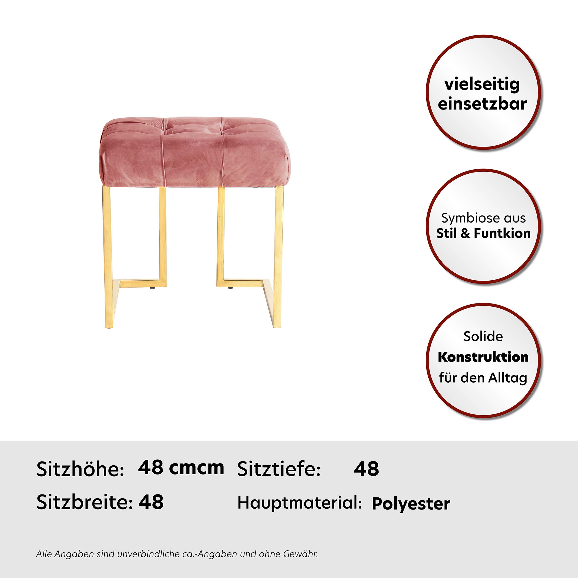 Kayoom Polsterhocker »Hocker Rarity 125, Edler Touch durch goldfarbenenes Gestell«, (1 St.), eckig, samtweich, gesteppt, mit Zierknöpfen, Edelstahlgestell